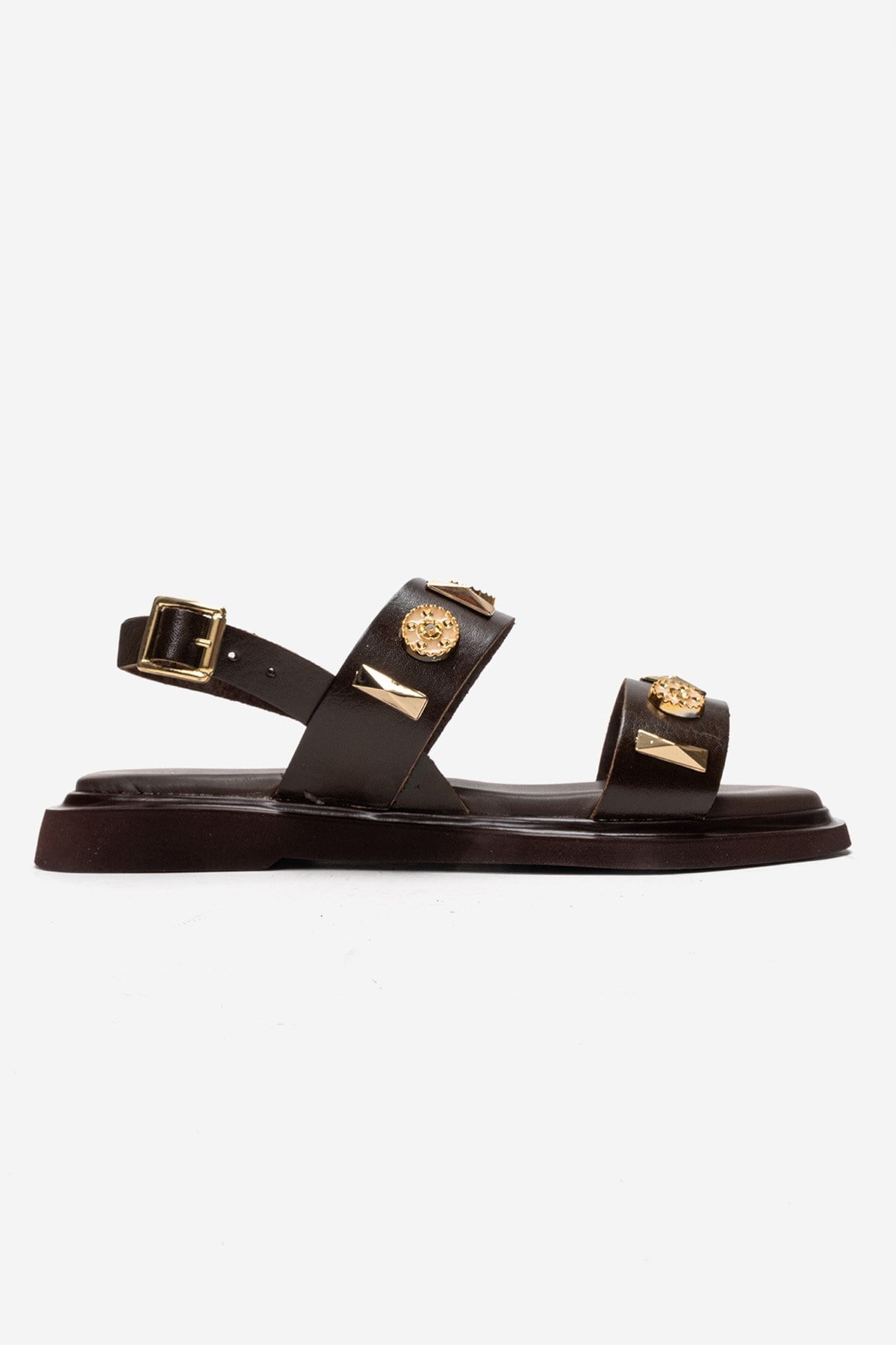 Libera - Brown Genuine Leather Sandal – heel view showing leather, gold, Vowalisse