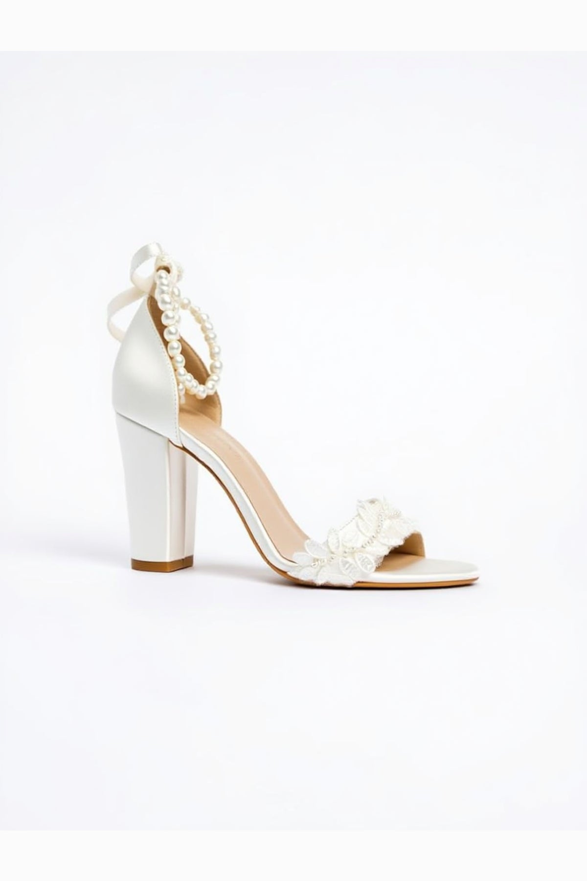Elysia Pearl And Lace Wedding Heels – front three-quarter view showing pearl, lace, red, Vowalisse
