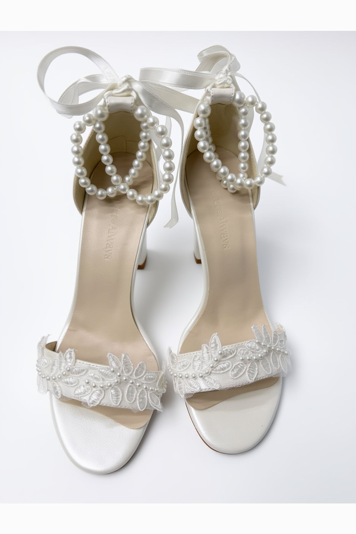 Elysia Pearl And Lace Wedding Heels – back view showing pearl, lace, red, Vowalisse