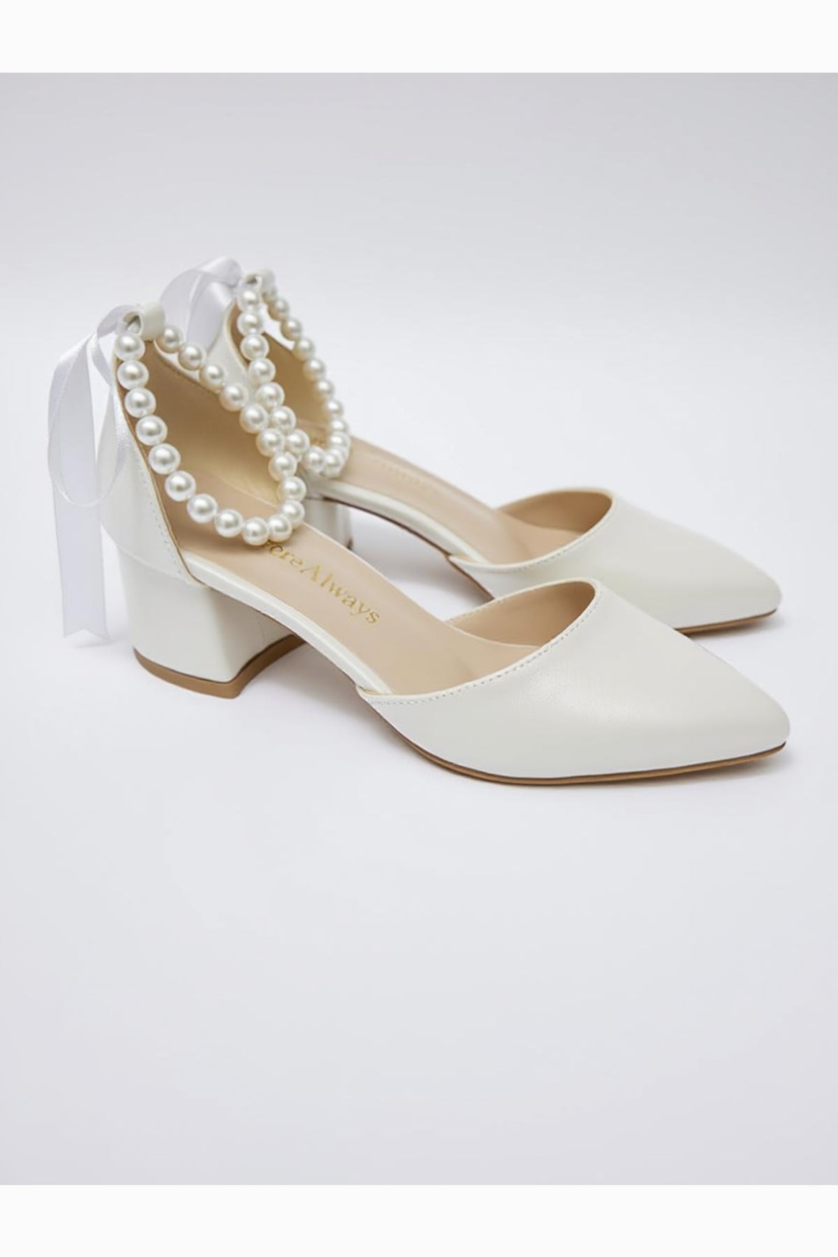 Evania Pointed-toe Block Heel Wedding Pump – heel view showing pearl, red, Vowalisse