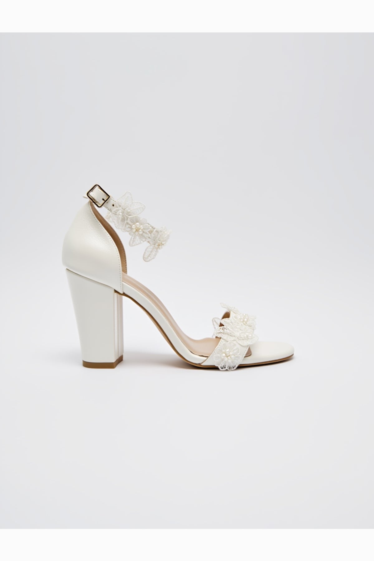 Florielle Lace Wedding Heels – side view showing pearl, lace, Vowalisse
