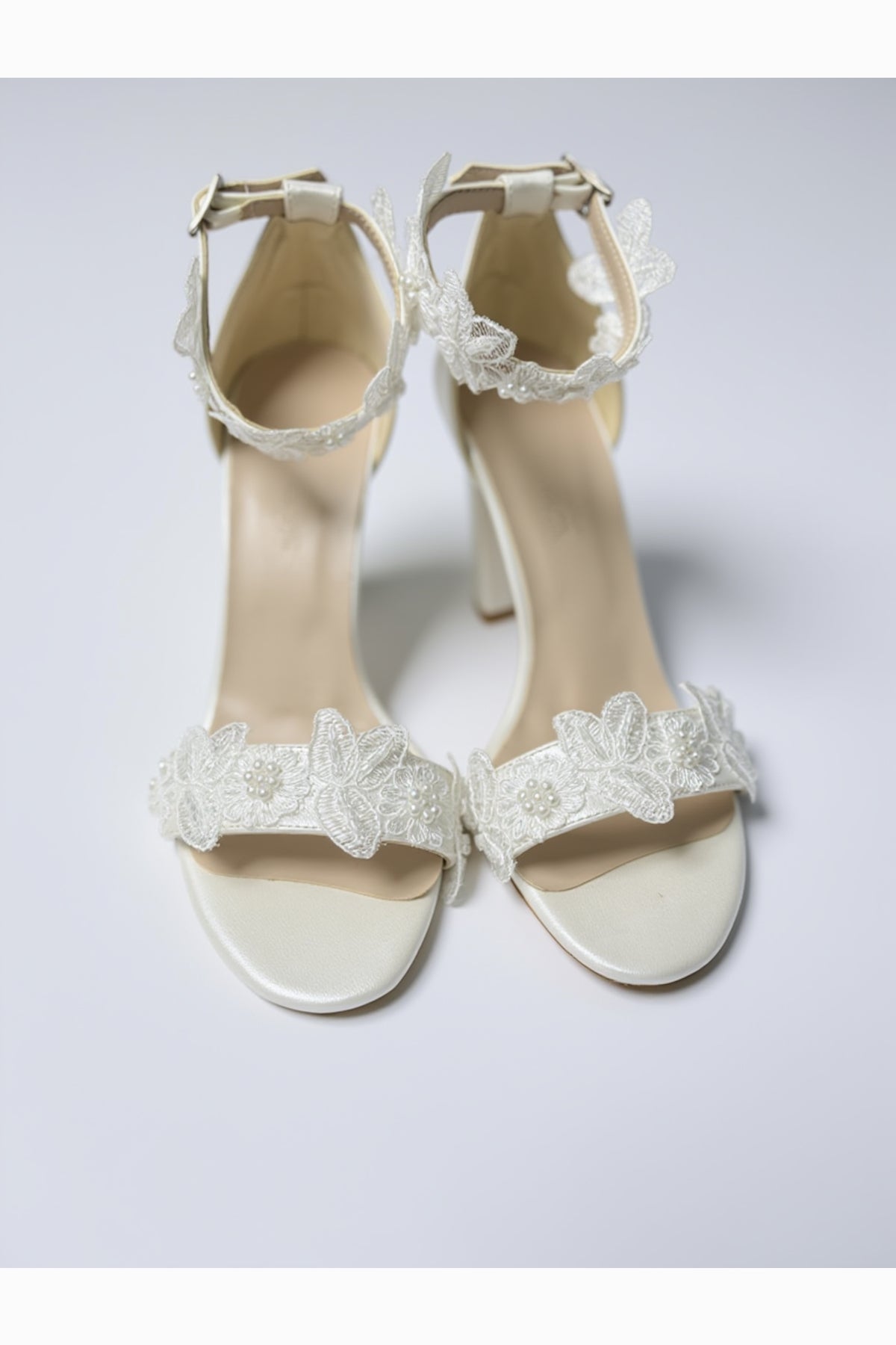Florielle Lace Wedding Heels – heel view showing pearl, lace, Vowalisse