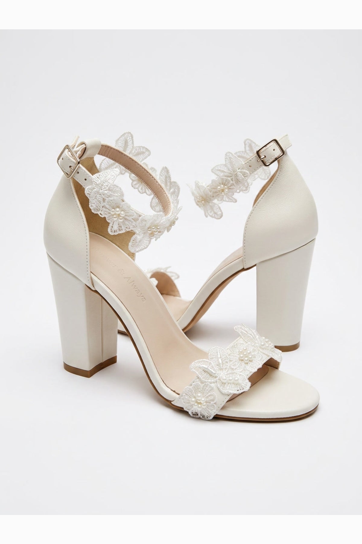 Florielle Lace Wedding Heels – back view showing pearl, lace, Vowalisse