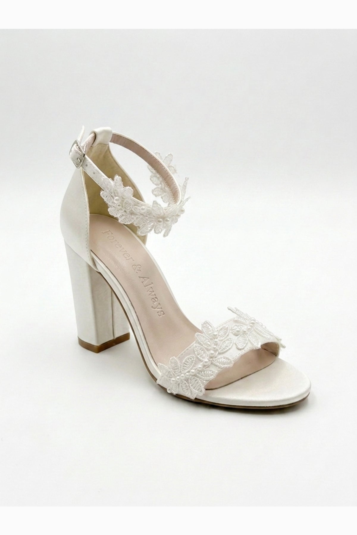 Lirielle Lace Wedding Heels – front three-quarter view showing lace, red, Vowalisse