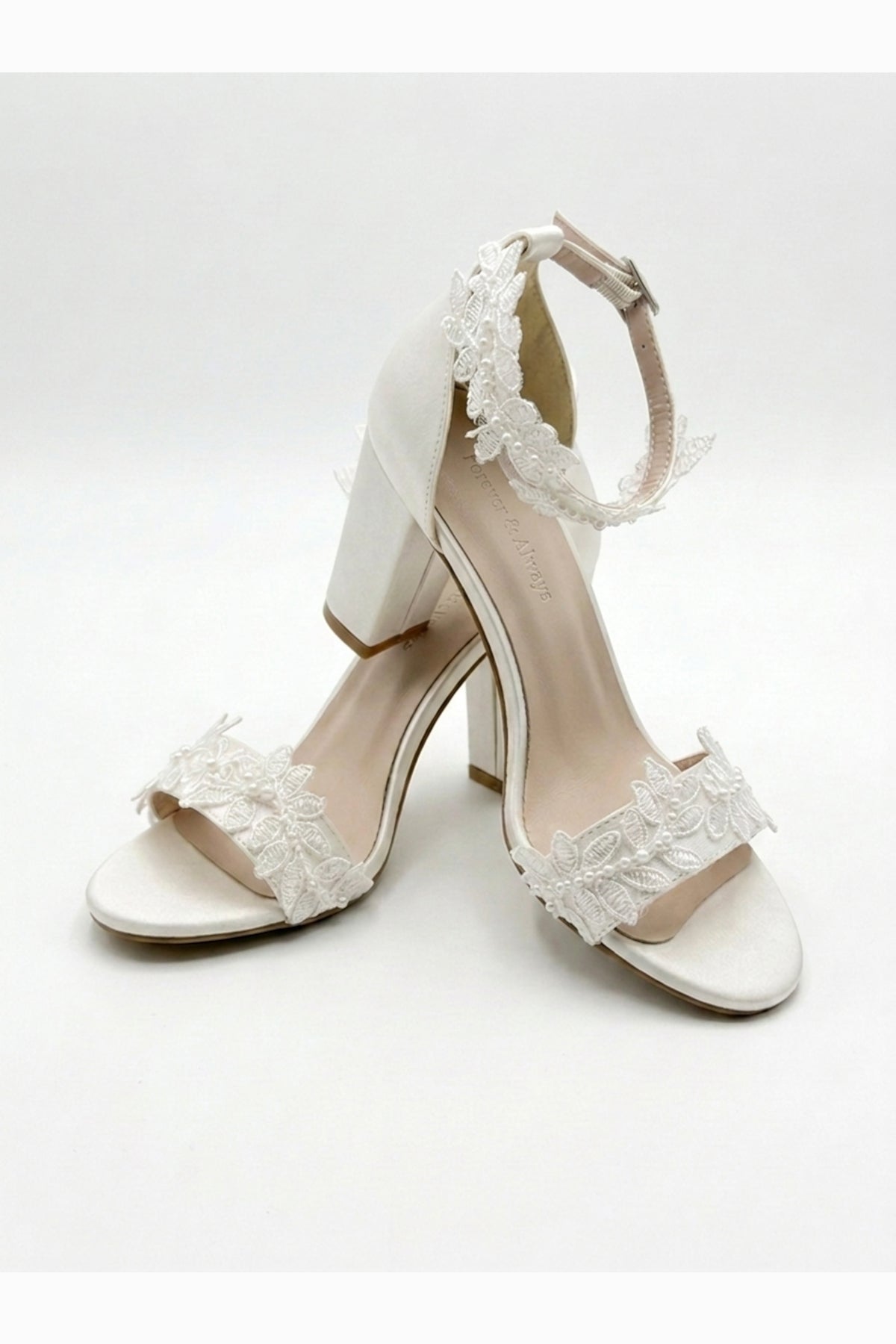 Lirielle Lace Wedding Heels – heel view showing lace, red, Vowalisse