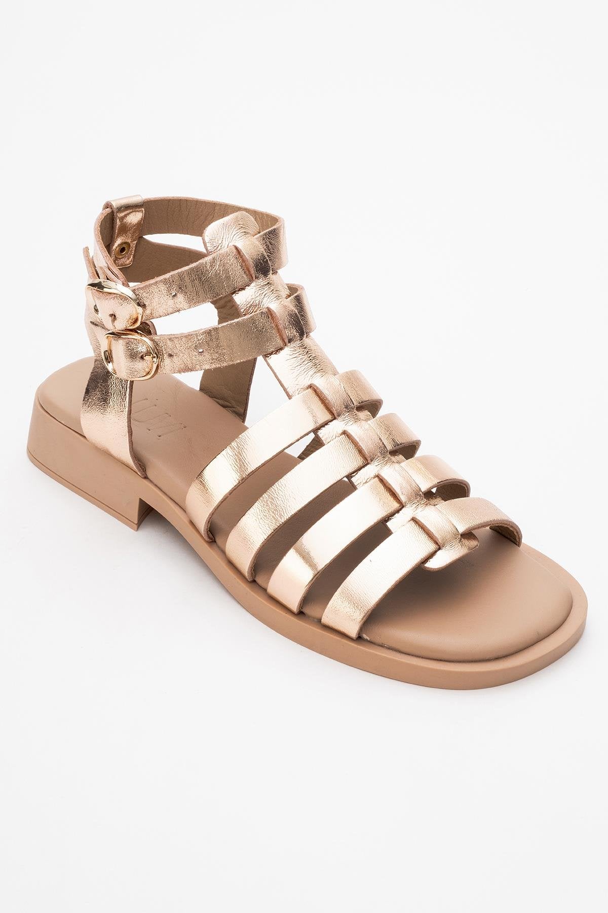 Frade - Gold Leather Sandal – detail view showing leather, gold, Vowalisse
