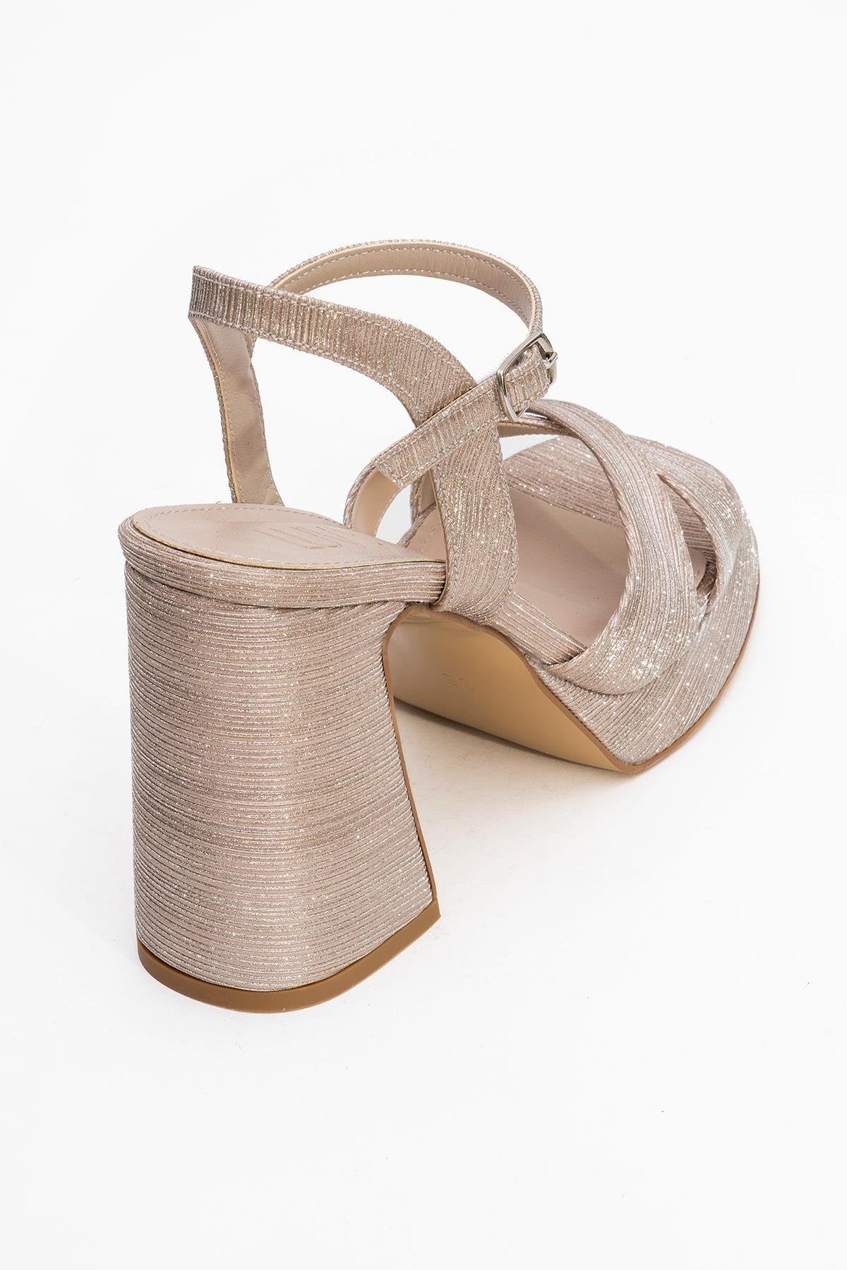 Lello - Gold Striped Platform Heel Shoe – back view showing leather, gold, Vowalisse