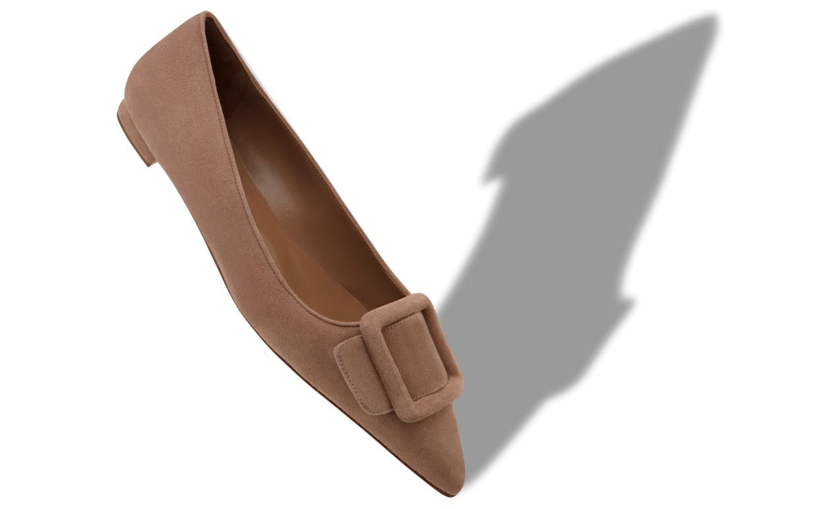 Camellia Dawn Neutral Almond Toe Pumps – front three-quarter view showing neutral almond toe, suede, Vowalisse