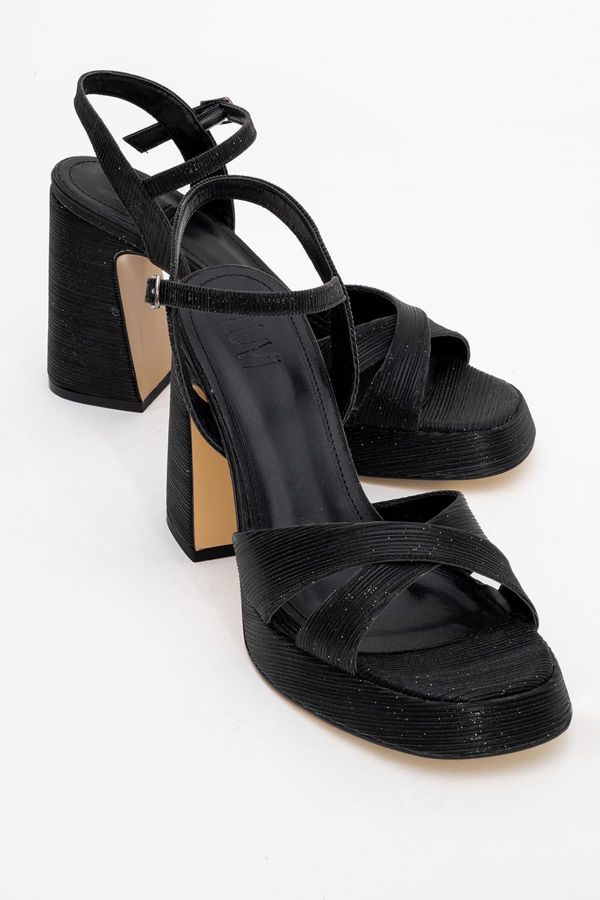 Lello - Black Striped Platform Heel Shoe – front three-quarter view showing leather, black, Vowalisse