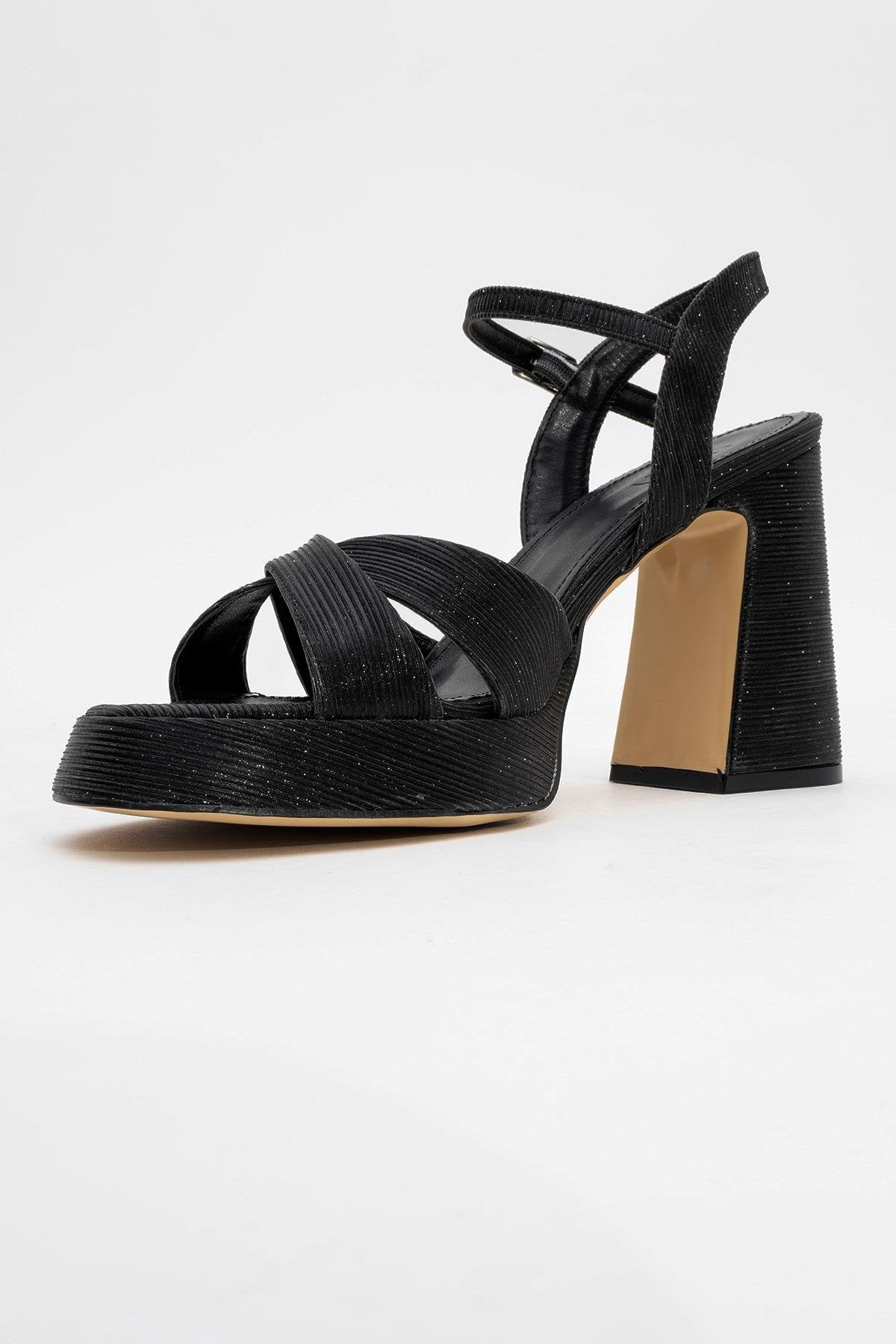 Lello - Black Striped Platform Heel Shoe – heel view showing leather, black, Vowalisse