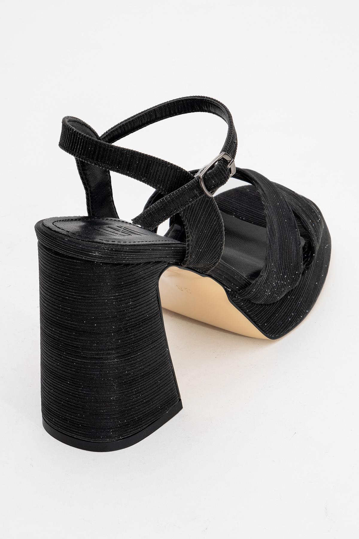 Lello - Black Striped Platform Heel Shoe – back view showing leather, black, Vowalisse