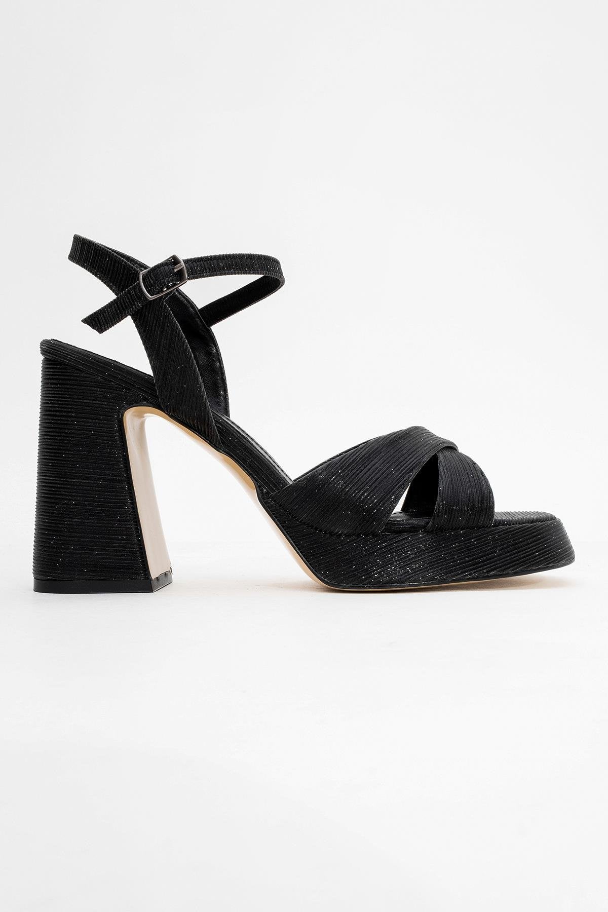 Lello - Black Striped Platform Heel Shoe – top view showing leather, black, Vowalisse