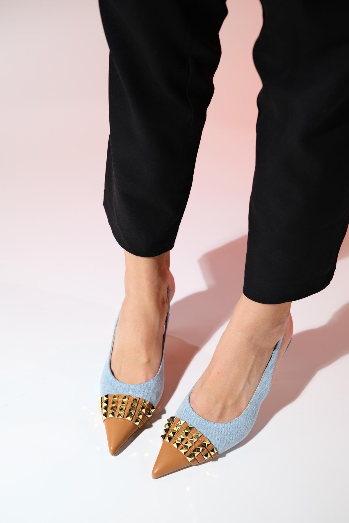 Aella - Denim Blue & Cognac Pointed Toe High Heel Shoe – side view showing leather, blue, Vowalisse