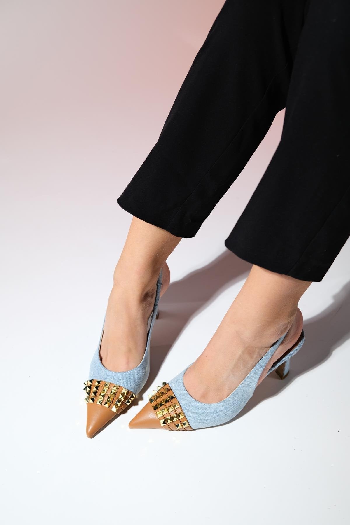 Aella - Denim Blue & Cognac Pointed Toe High Heel Shoe – top view showing leather, blue, Vowalisse