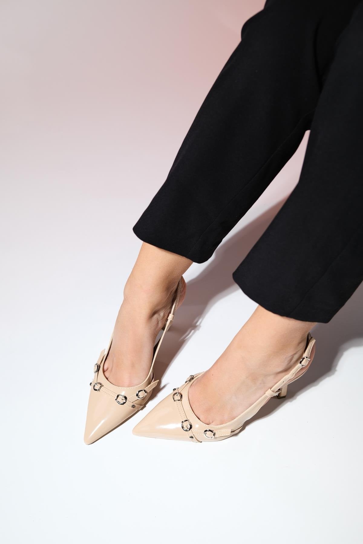 Faroe - Beige Patent Pointed Toe High Heel Pump – top view showing leather, Vowalisse
