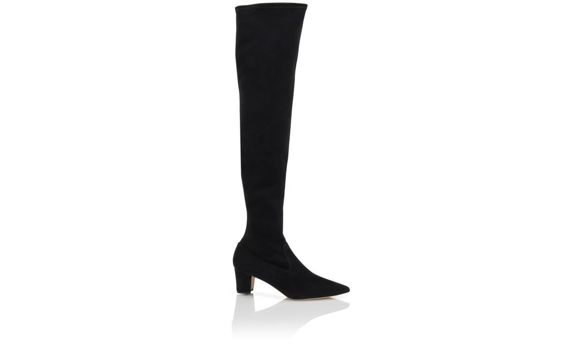 Juliette Flame Black Suede Knee-High Boots – side profile showing black suede, Vowalisse