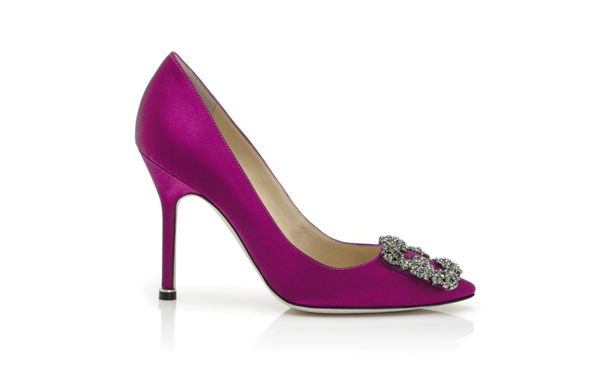 Clarisse Belle Pink Jewel Buckle Pumps – side profile showing pink jewel buckle, crystal buckle, almond toe, satin…
