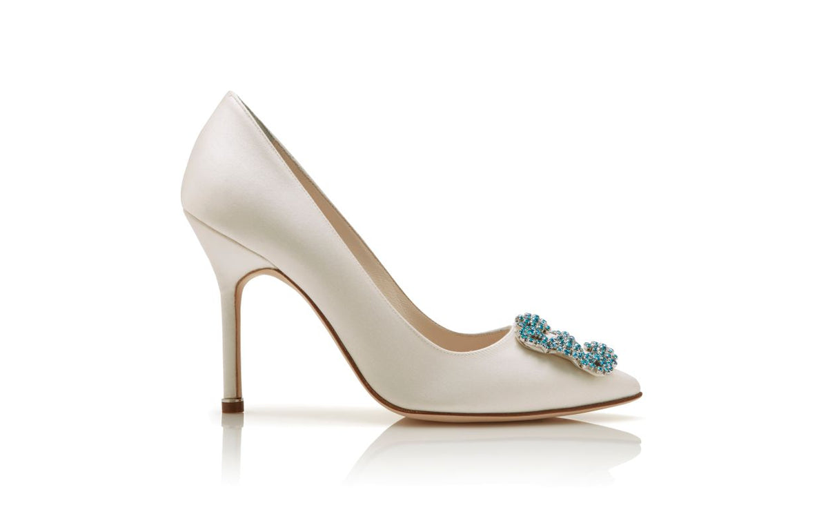 Valentina Belle White Jewel Buckle Pumps – side profile showing white jewel buckle, crystal buckle, almond toe, satin…