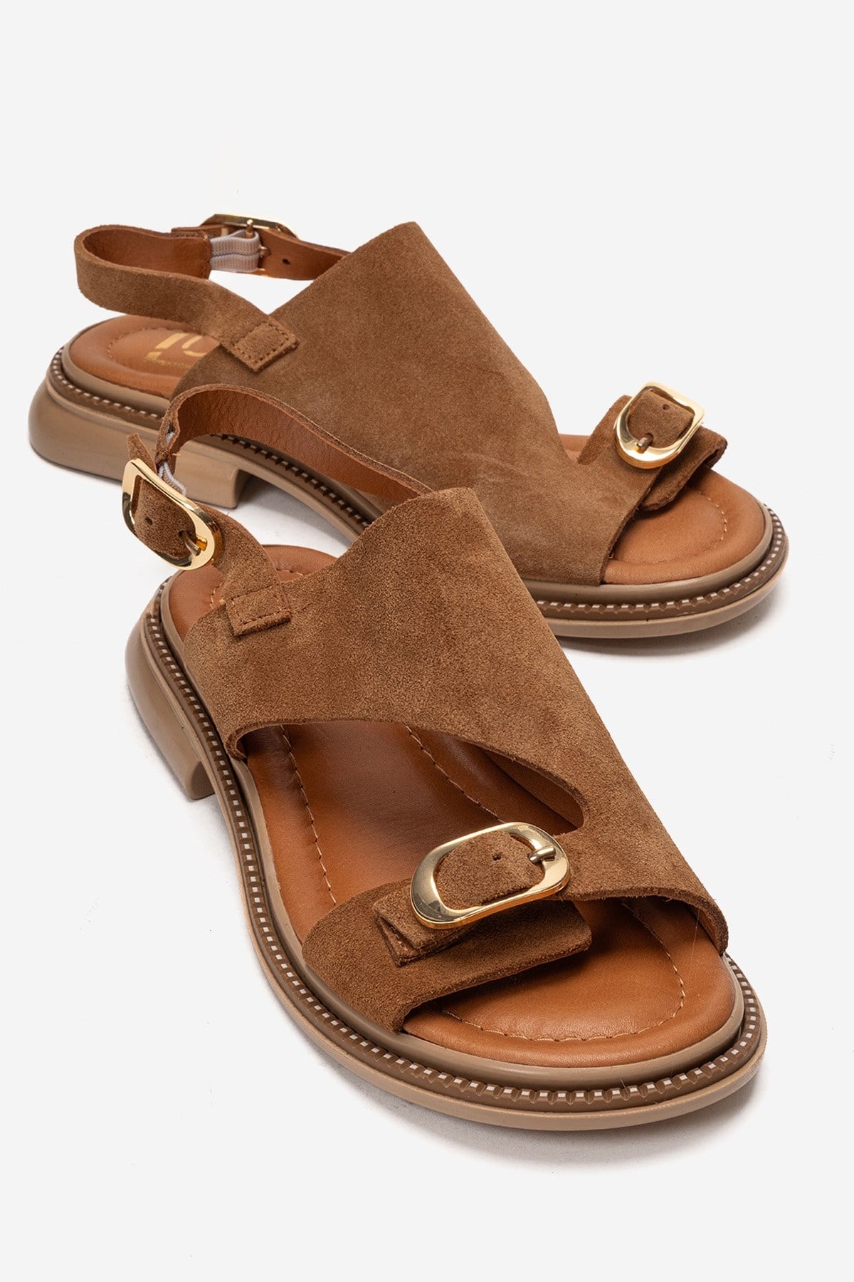 CRUEL - Camel Genuine Leather Sandal – front three-quarter view showing leather, suede, Vowalisse