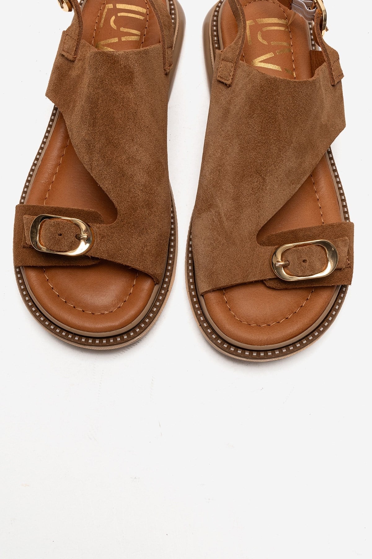 CRUEL - Camel Genuine Leather Sandal – side view showing leather, suede, Vowalisse