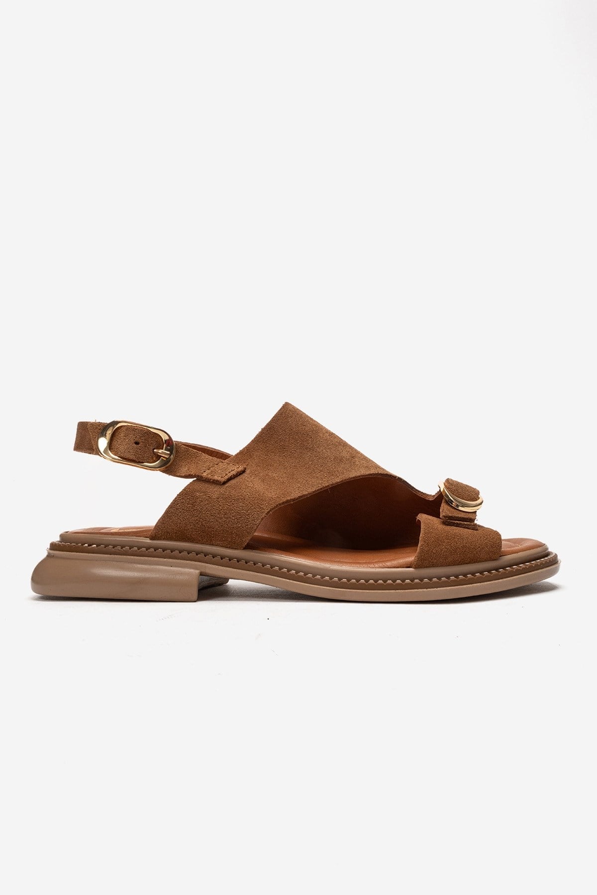CRUEL - Camel Genuine Leather Sandal – heel view showing leather, suede, Vowalisse