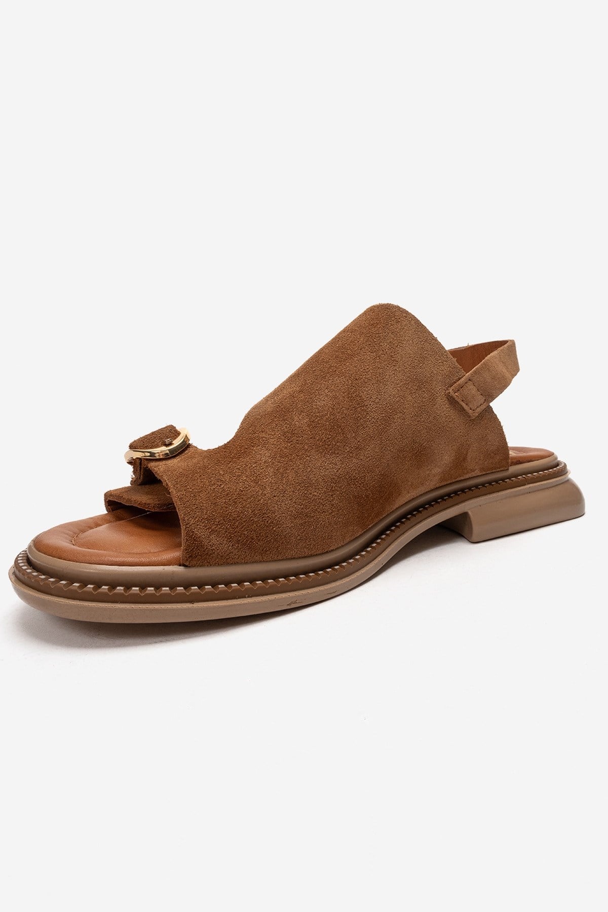 CRUEL - Camel Genuine Leather Sandal – top view showing leather, suede, Vowalisse