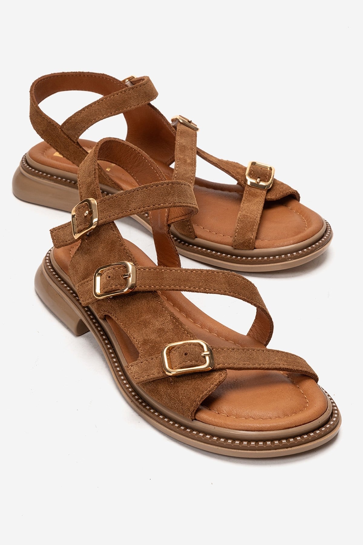 MOREZ - Camel Genuine Leather Sandal – front three-quarter view showing leather, suede, Vowalisse