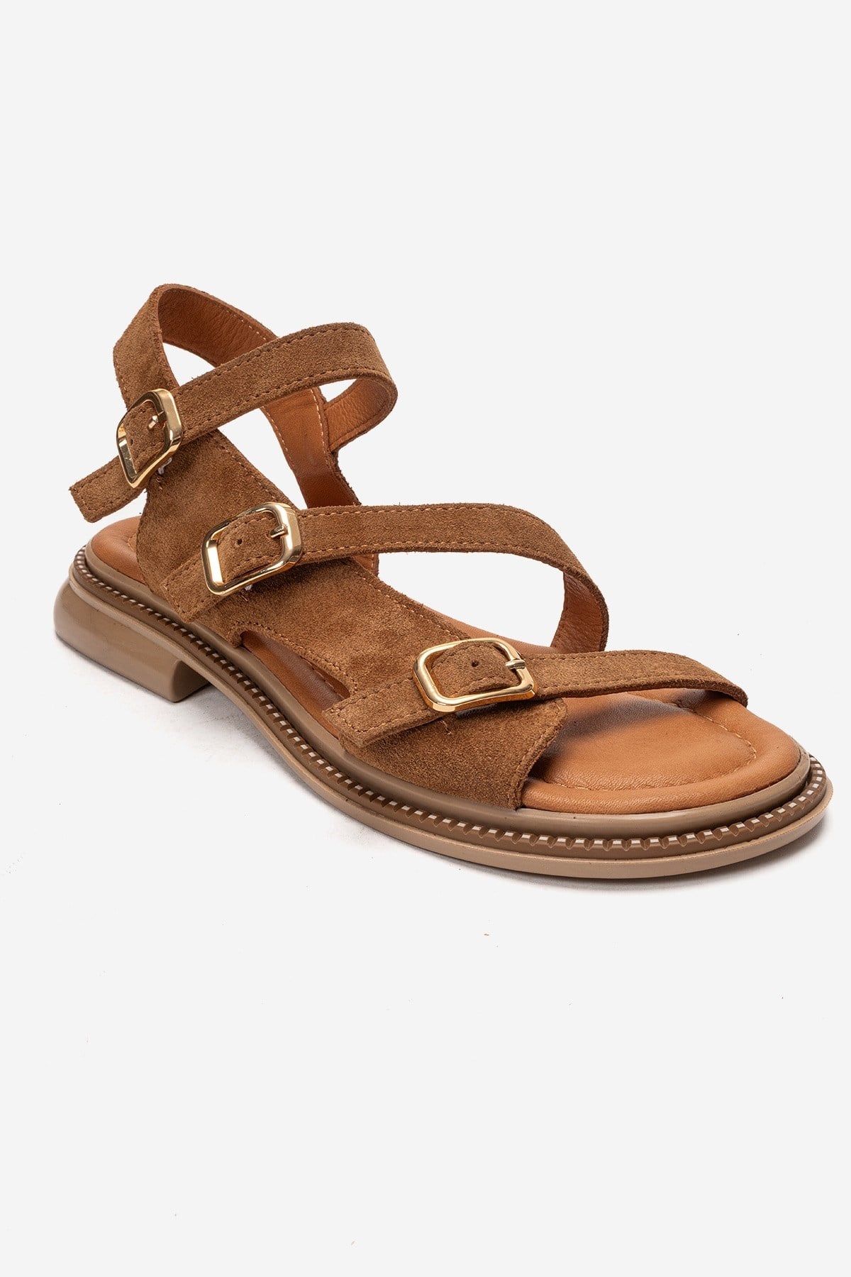 MOREZ - Camel Genuine Leather Sandal – detail view showing leather, suede, Vowalisse