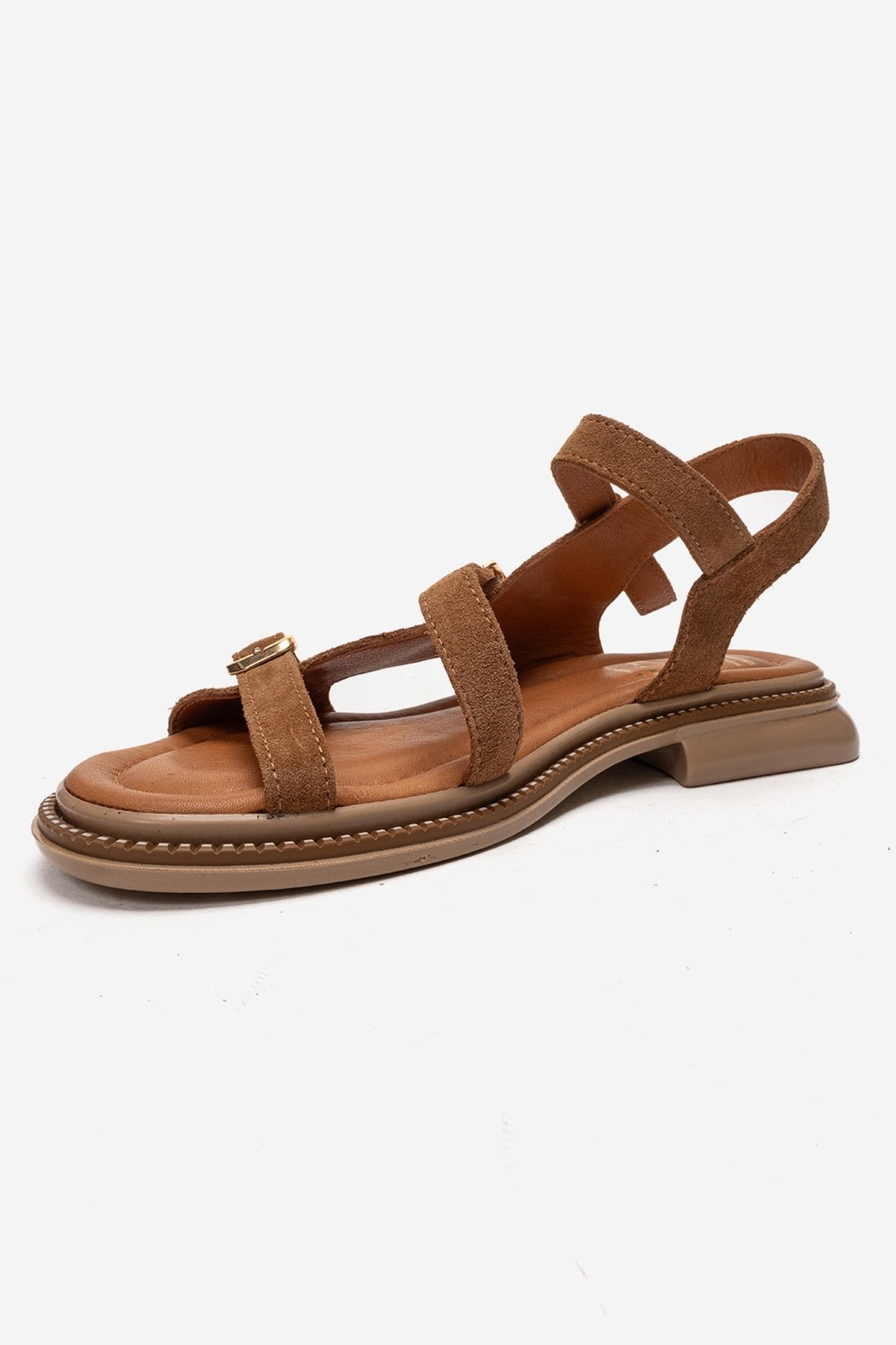 MOREZ - Camel Genuine Leather Sandal – top view showing leather, suede, Vowalisse