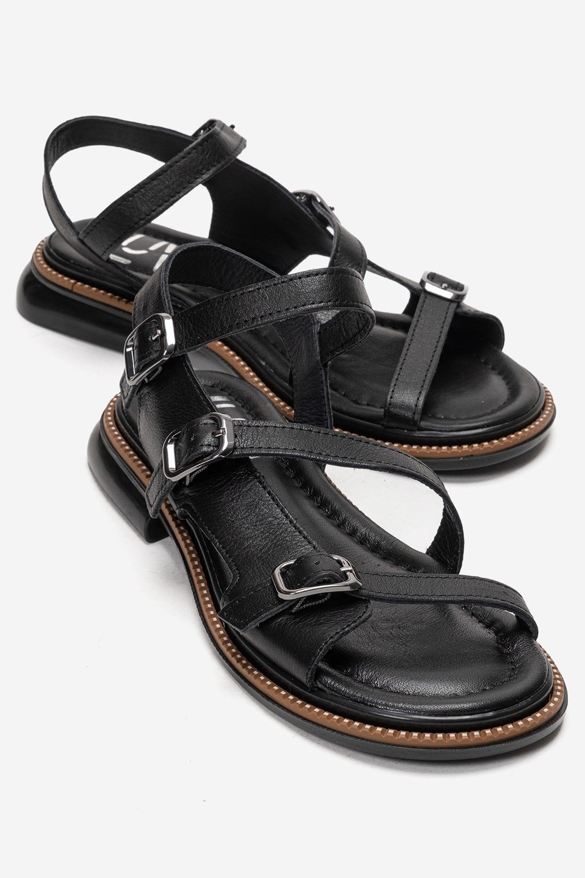 MOREZ - Black Genuine Leather Sandal – front three-quarter view showing leather, black, Vowalisse