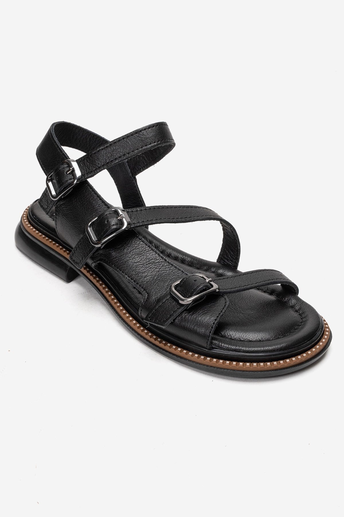 MOREZ - Black Genuine Leather Sandal – detail view showing leather, black, Vowalisse