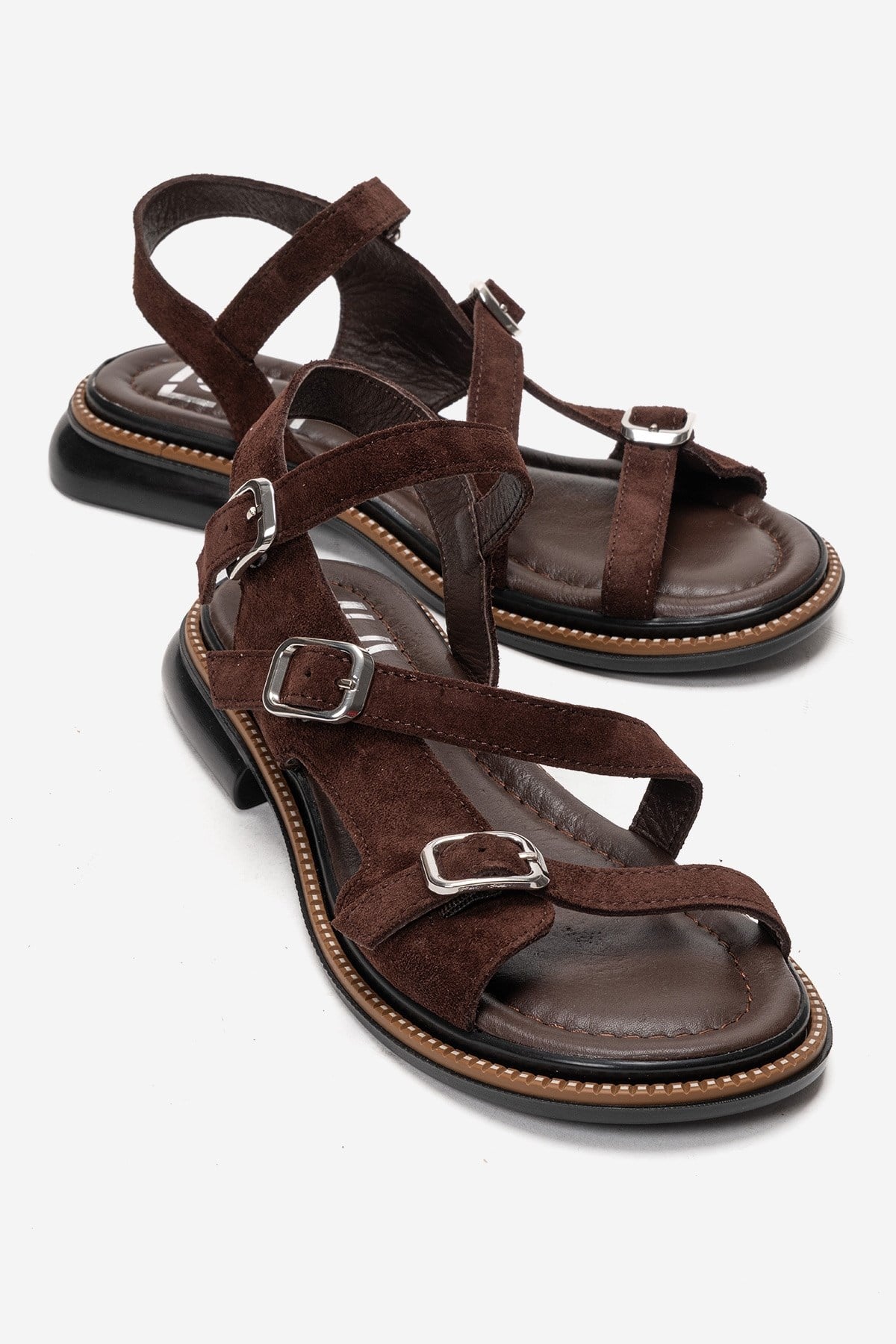 MOREZ - Brown Genuine Leather Suede Slingback Sandal – front three-quarter view showing leather, suede, metallic, Vowalisse
