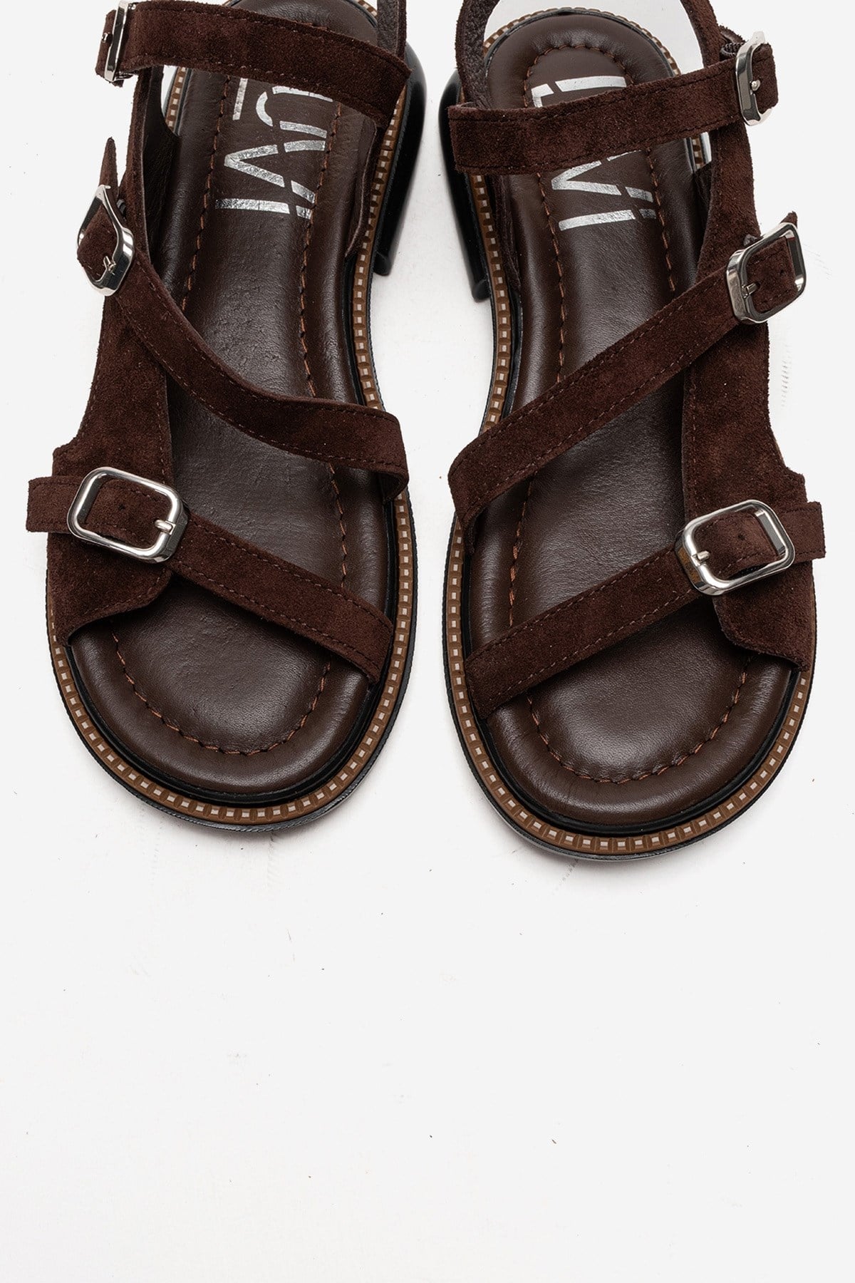 MOREZ - Brown Genuine Leather Suede Slingback Sandal – side view showing leather, suede, metallic, Vowalisse