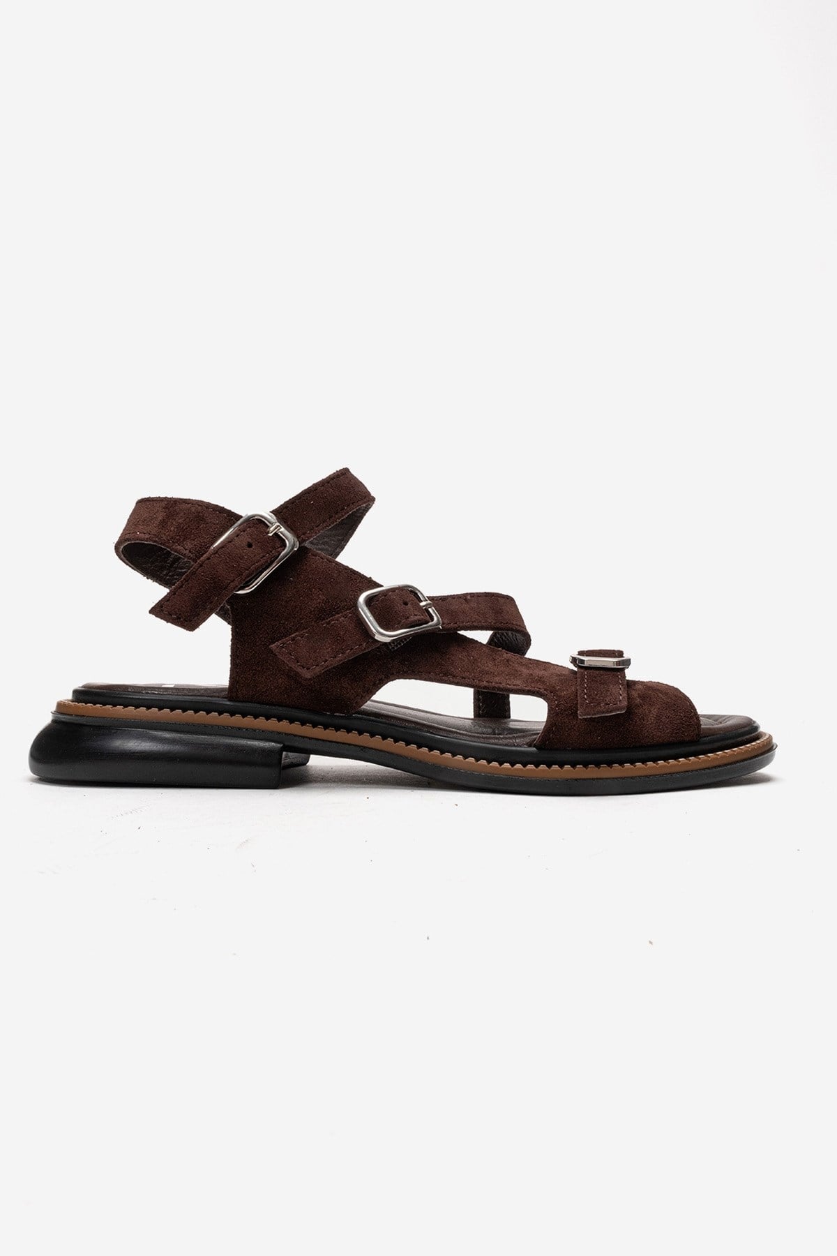 MOREZ - Brown Genuine Leather Suede Slingback Sandal – heel view showing leather, suede, metallic, Vowalisse