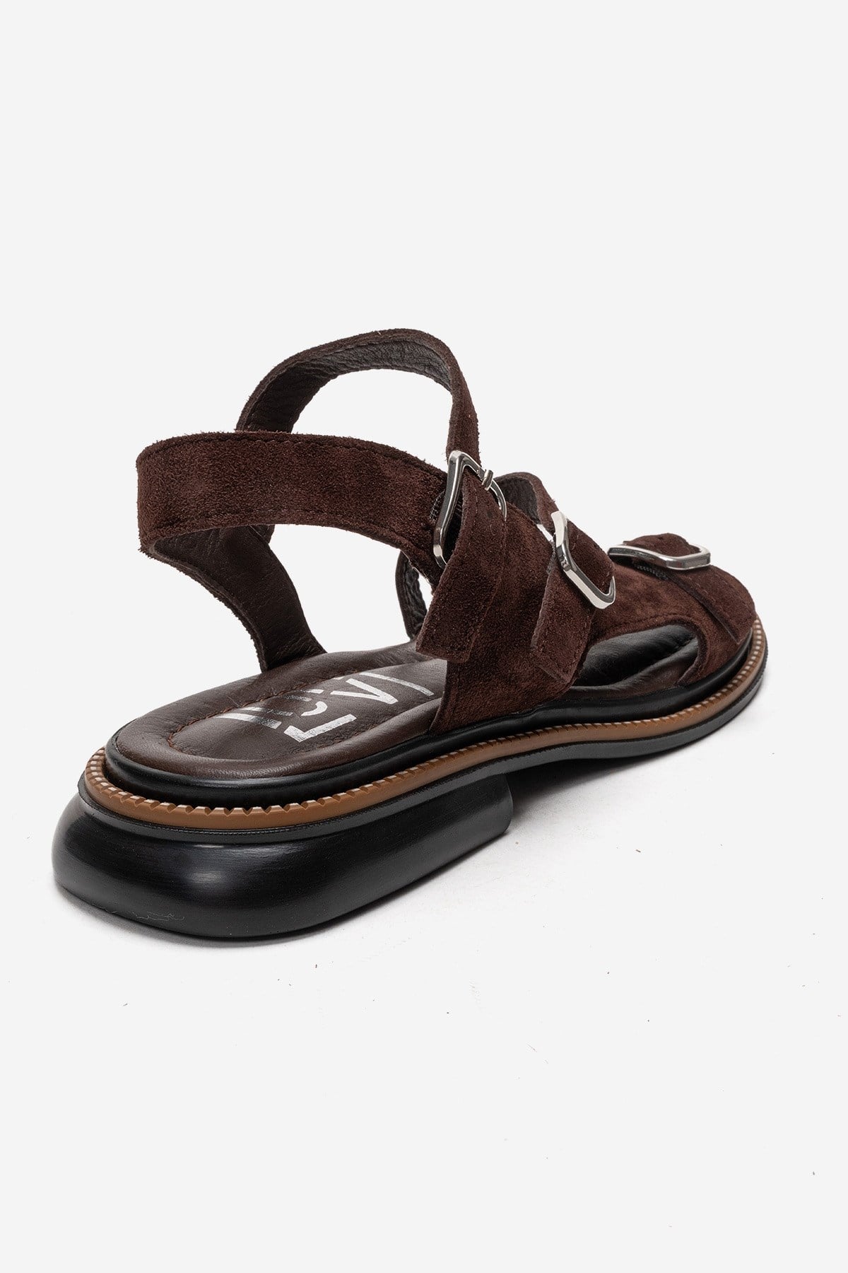 MOREZ - Brown Genuine Leather Suede Slingback Sandal – back view showing leather, suede, metallic, Vowalisse