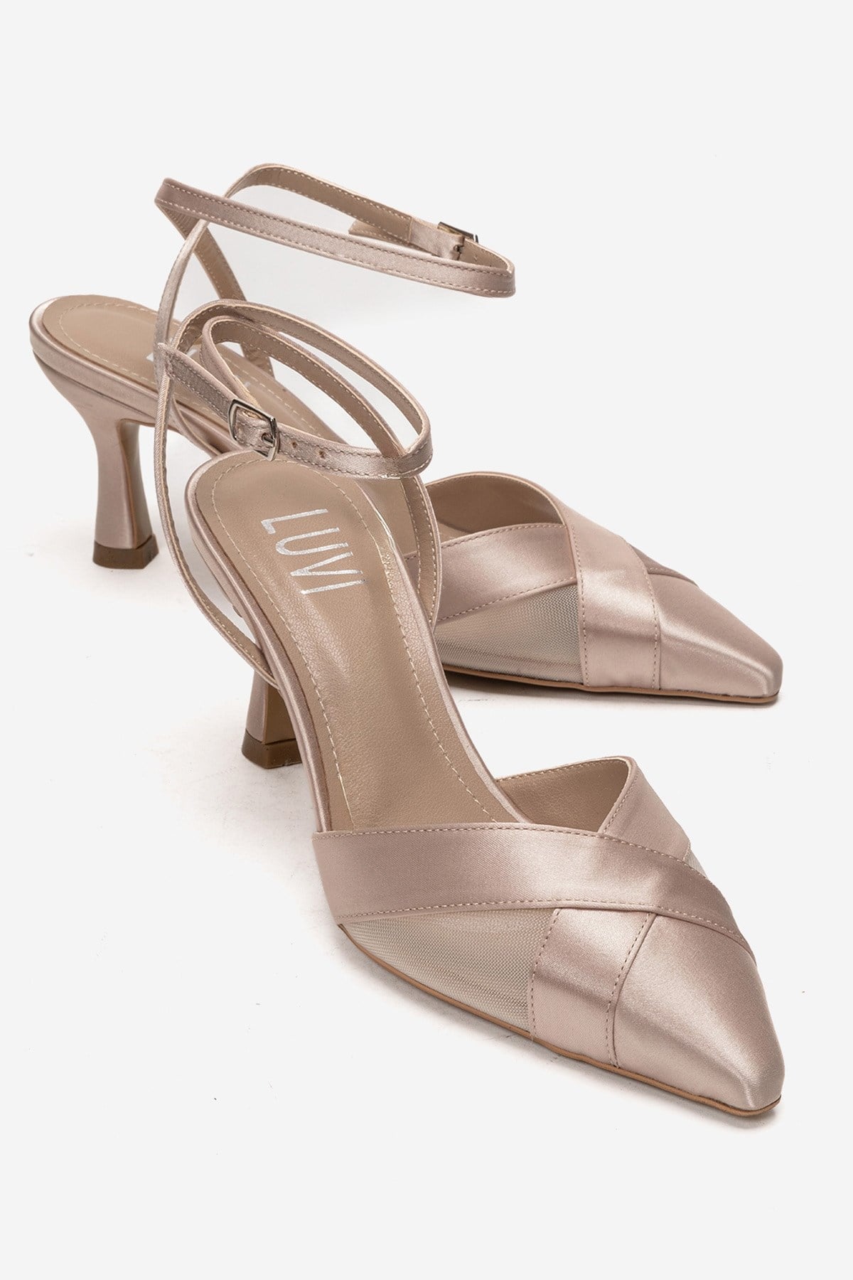 ESTELA - Beige Satin Stiletto Pump – front three-quarter view showing satin, leather, mesh, Vowalisse