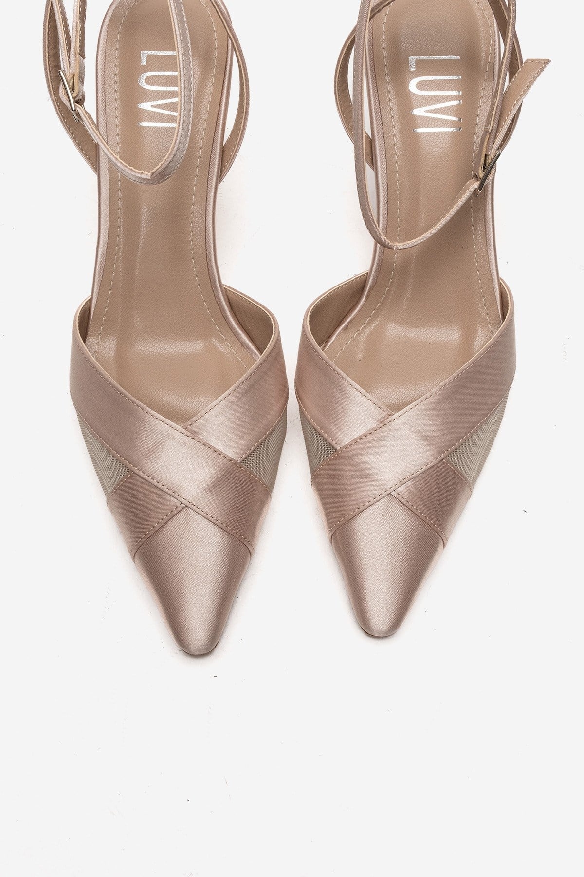 ESTELA - Beige Satin Stiletto Pump – side view showing satin, leather, mesh, Vowalisse