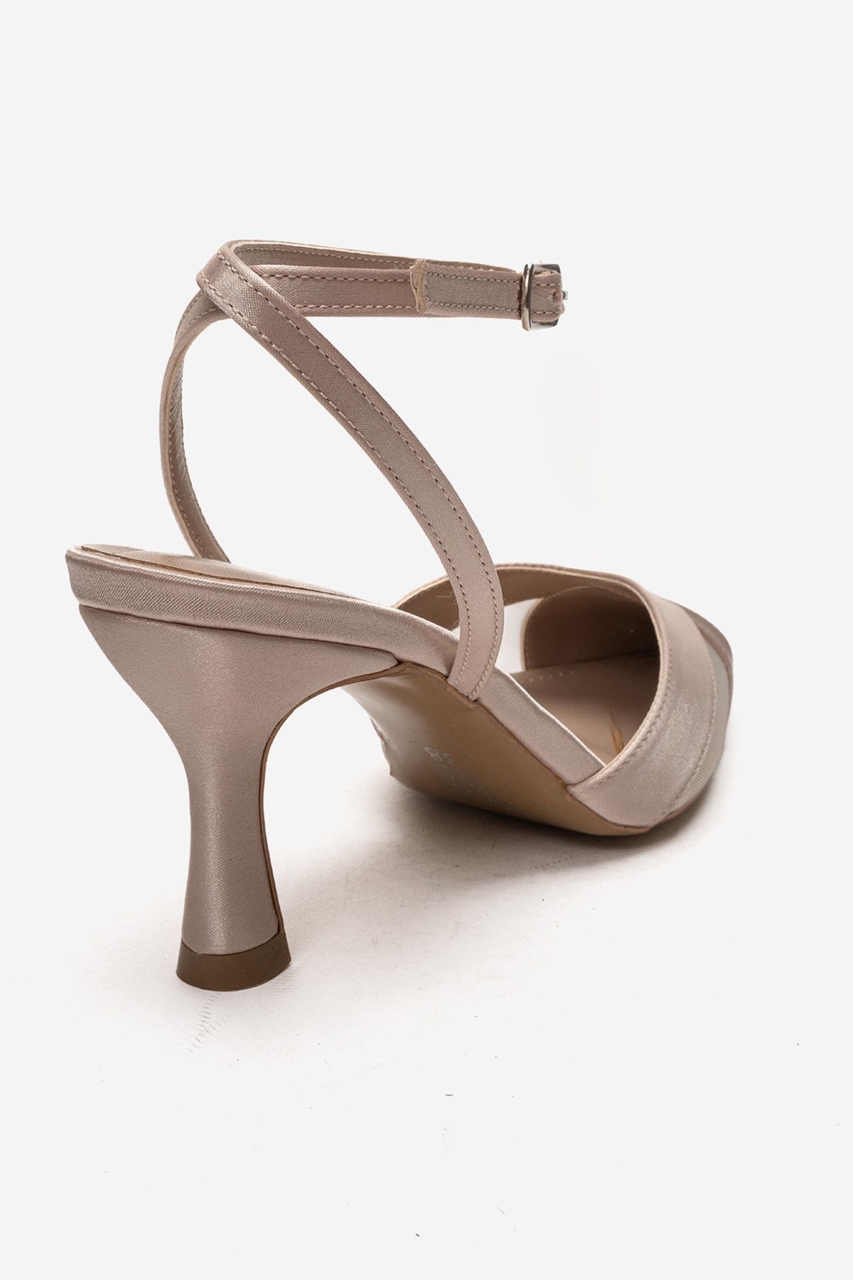 ESTELA - Beige Satin Stiletto Pump – back view showing satin, leather, mesh, Vowalisse