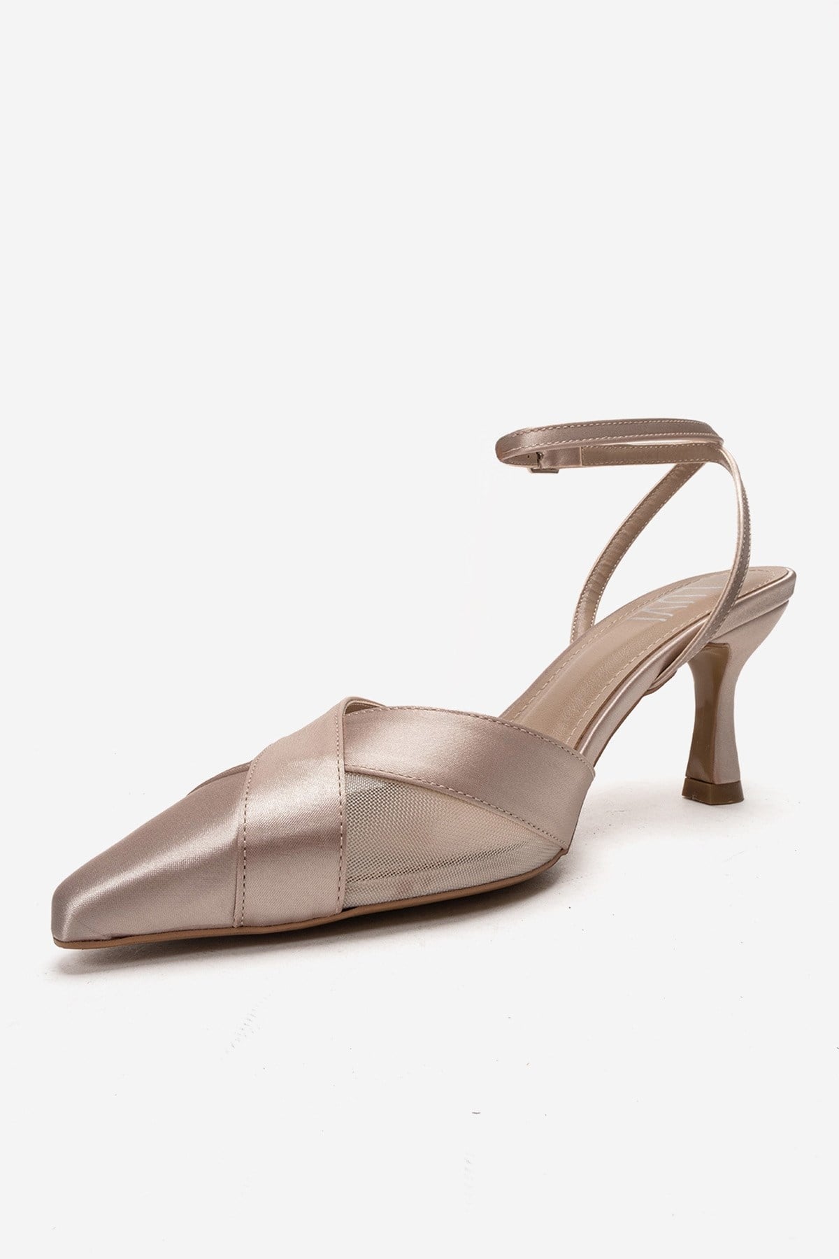 ESTELA - Beige Satin Stiletto Pump – top view showing satin, leather, mesh, Vowalisse