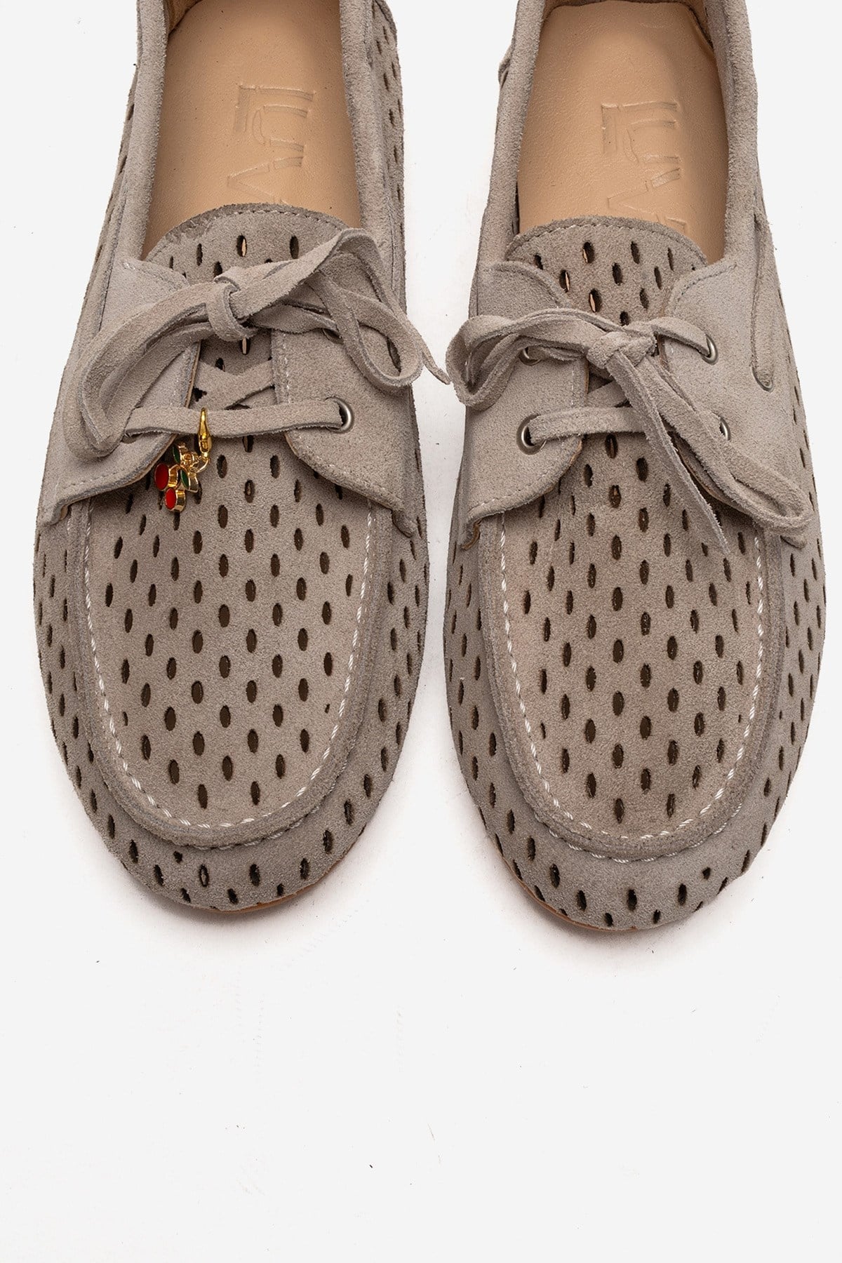STEVO - Beige Genuine Leather Suede Lace-Up Loafer – side view showing lace, leather, suede, Vowalisse