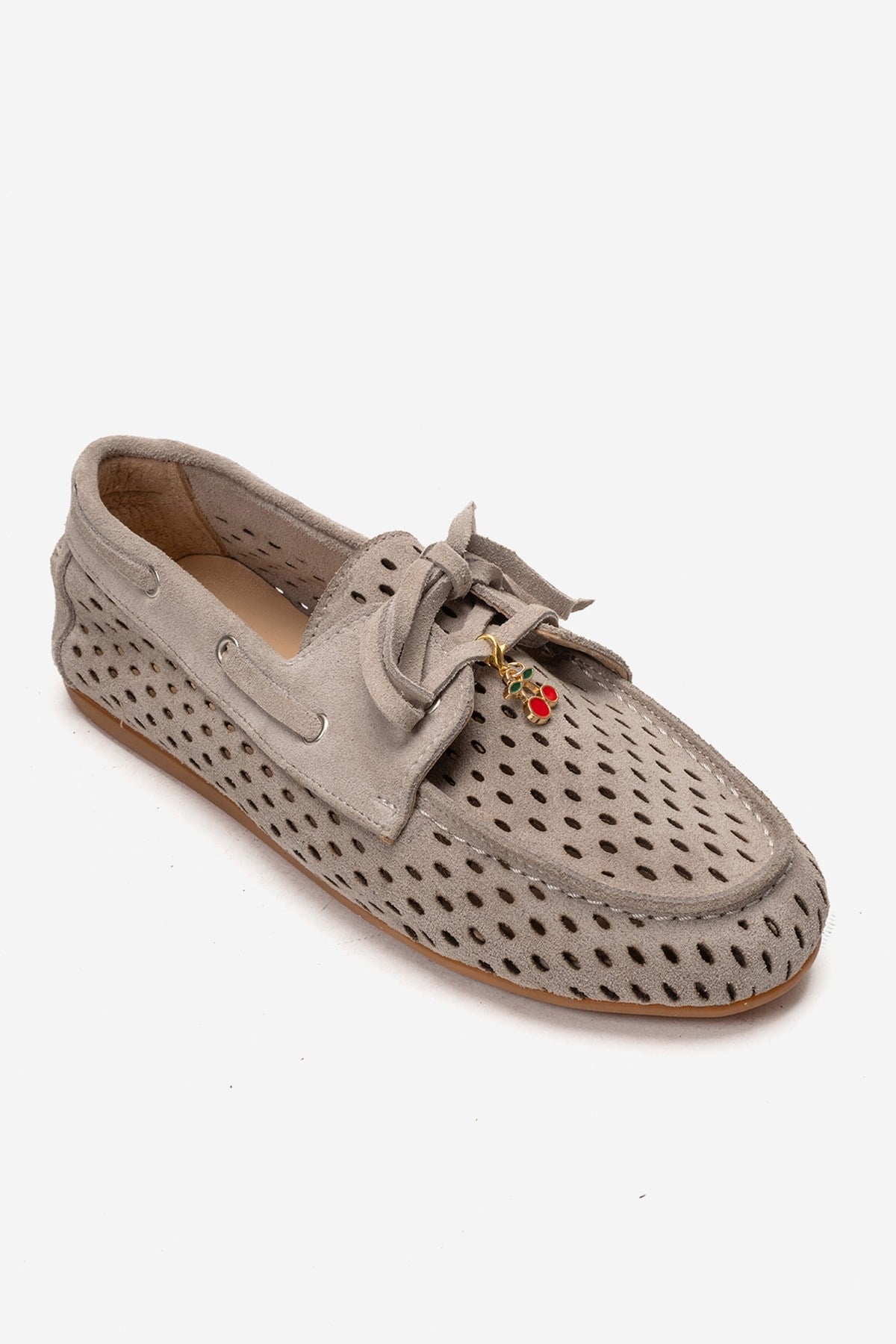 STEVO - Beige Genuine Leather Suede Lace-Up Loafer – detail view showing lace, leather, suede, Vowalisse