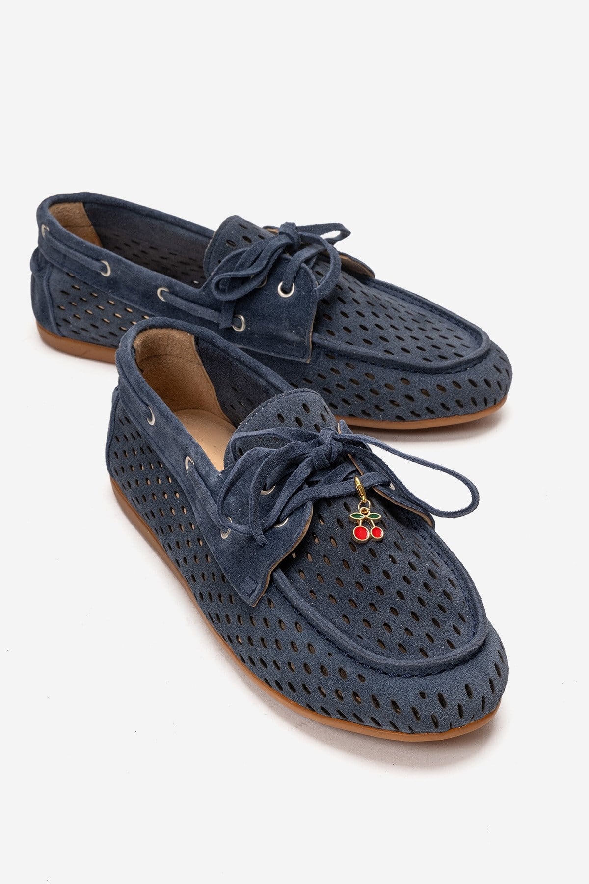 Stevo - Denim Blue Genuine Leather Perforated Lace-Up Loafer – front three-quarter view showing lace, leather, suede…