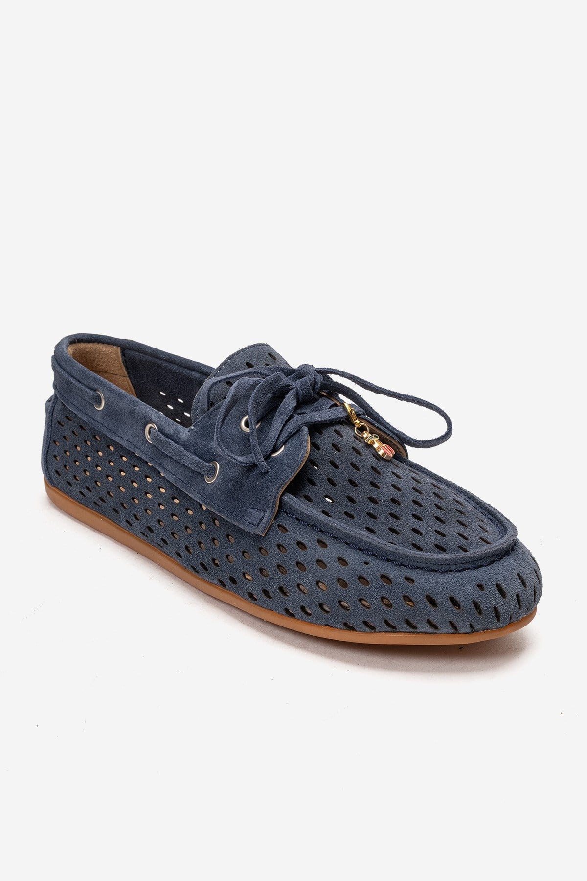 Stevo - Denim Blue Genuine Leather Perforated Lace-Up Loafer – detail view showing lace, leather, suede, Vowalisse