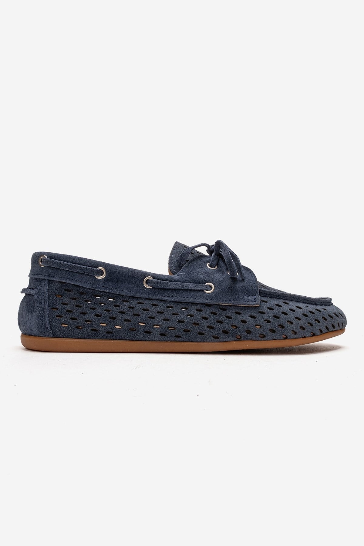 Stevo - Denim Blue Genuine Leather Perforated Lace-Up Loafer – heel view showing lace, leather, suede, Vowalisse