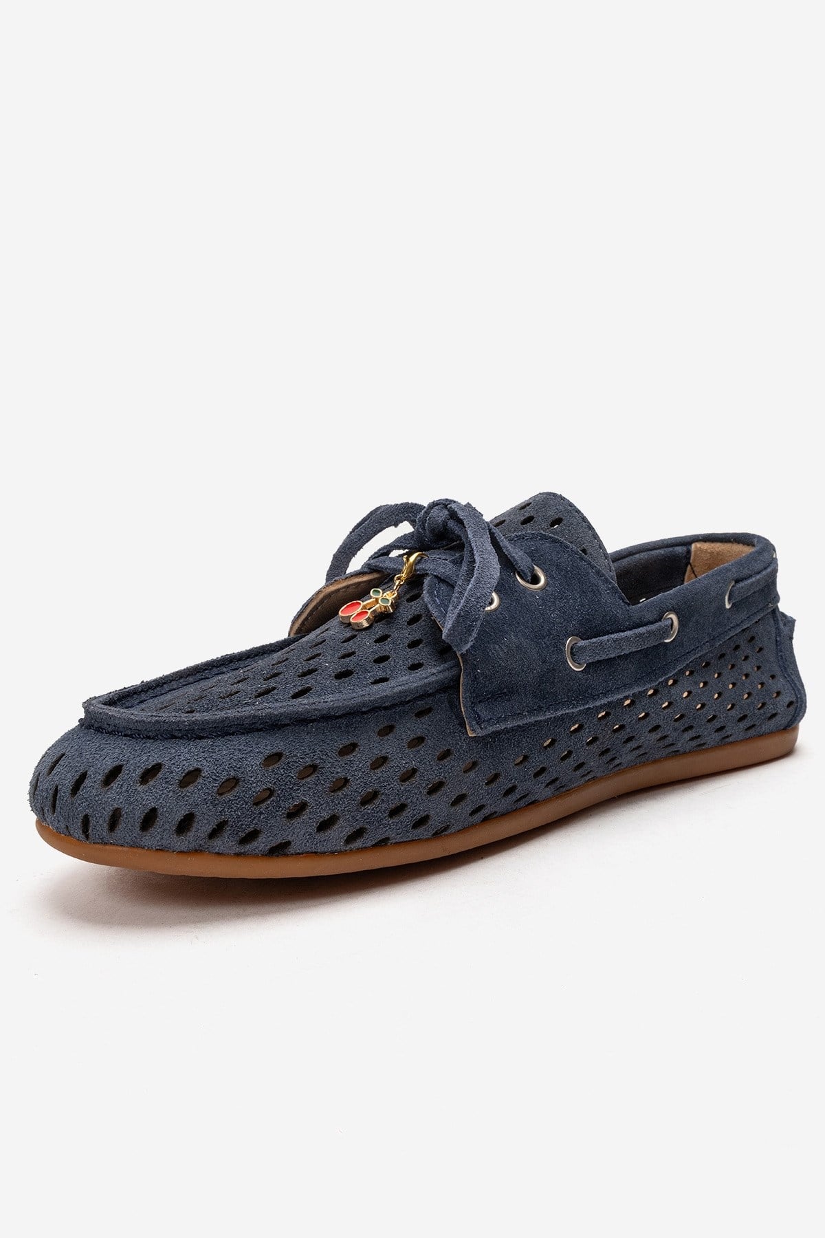 Stevo - Denim Blue Genuine Leather Perforated Lace-Up Loafer – top view showing lace, leather, suede, Vowalisse