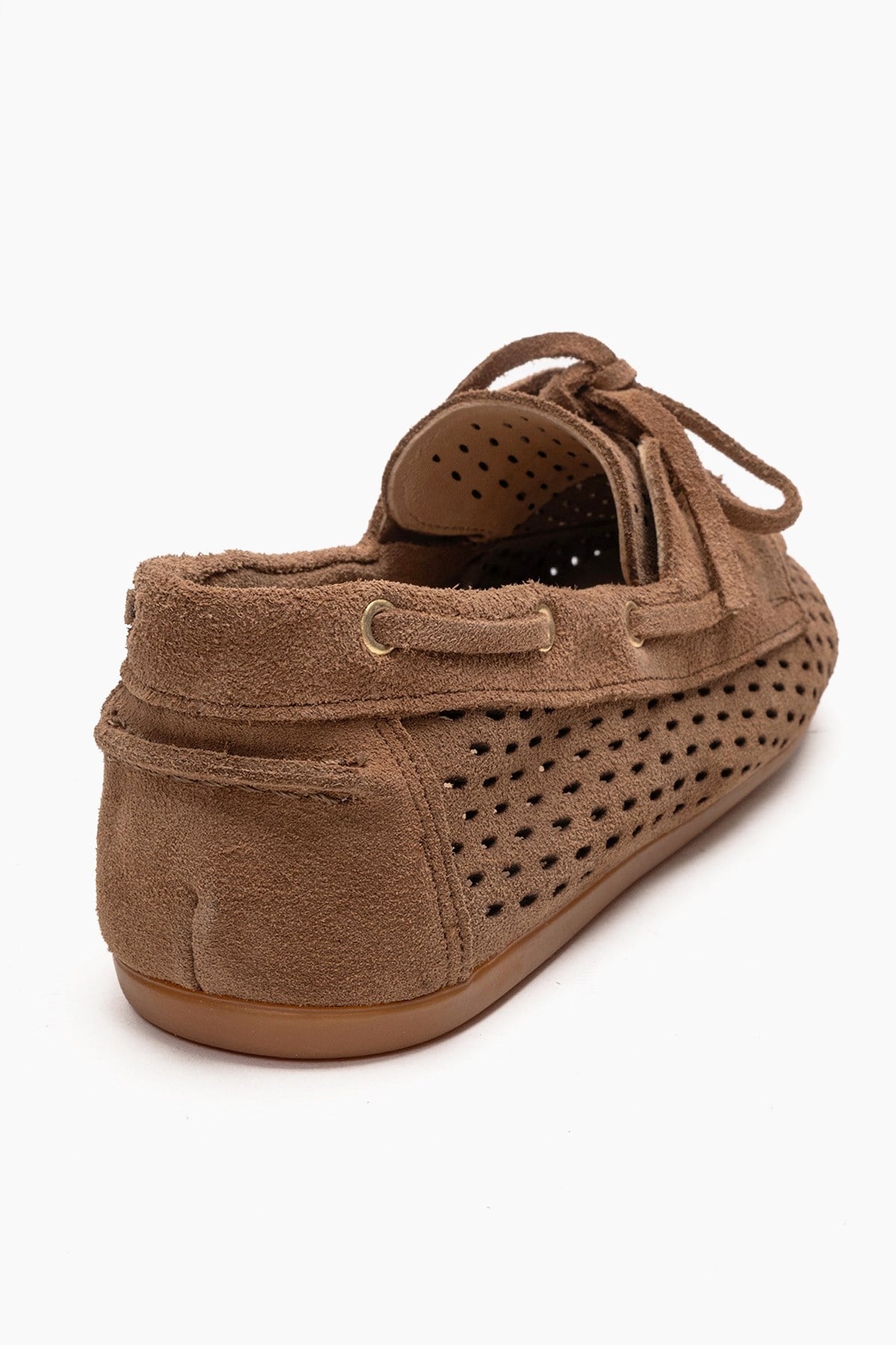 Stevo - Taupe Genuine Leather Perforated Lace-Up Loafer – back view showing lace, leather, suede, Vowalisse