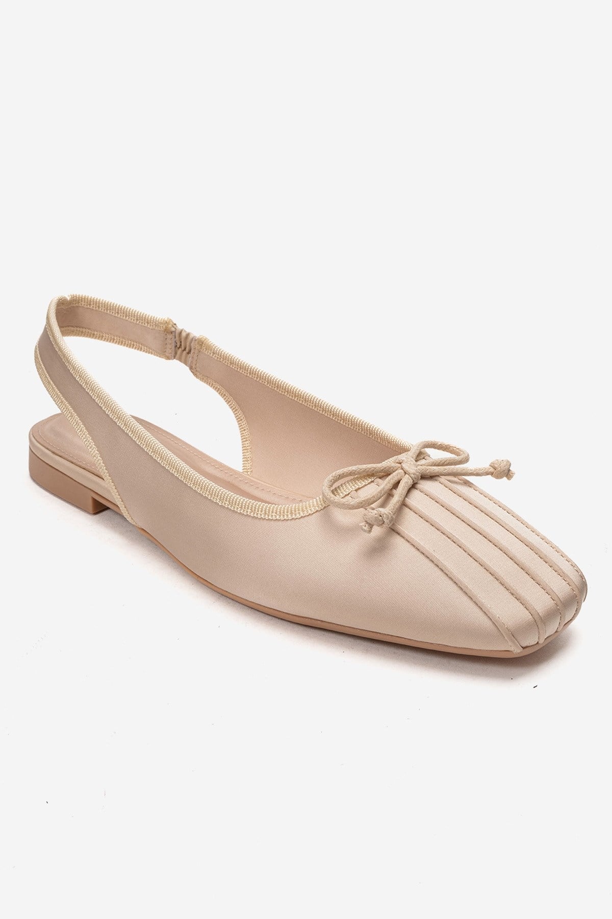 Zelvia - Beige Satin Bow Slingback Ballet Flat – detail view showing bow, satin, Vowalisse