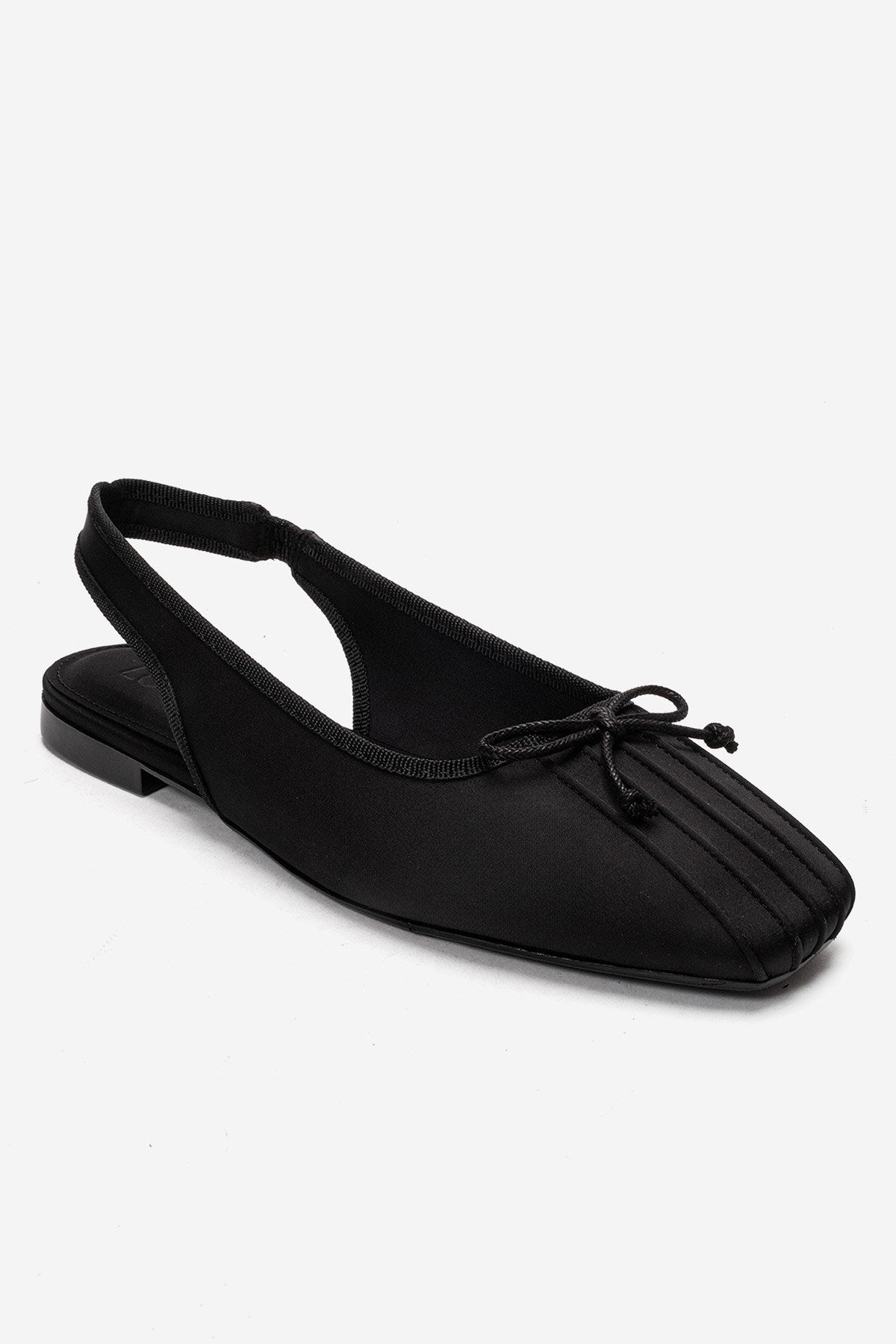 Zelvia - Black Satin Bow Slingback Ballet Flat – detail view showing bow, satin, black, Vowalisse