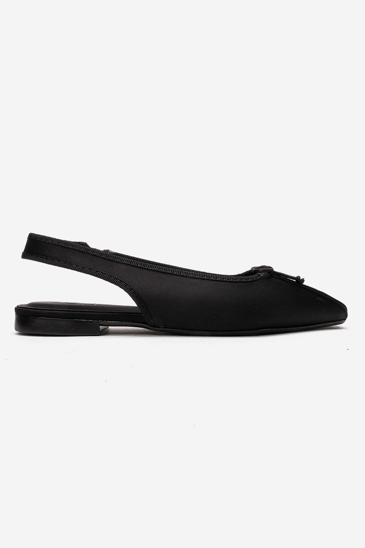 Zelvia - Black Satin Bow Slingback Ballet Flat – heel view showing bow, satin, black, Vowalisse