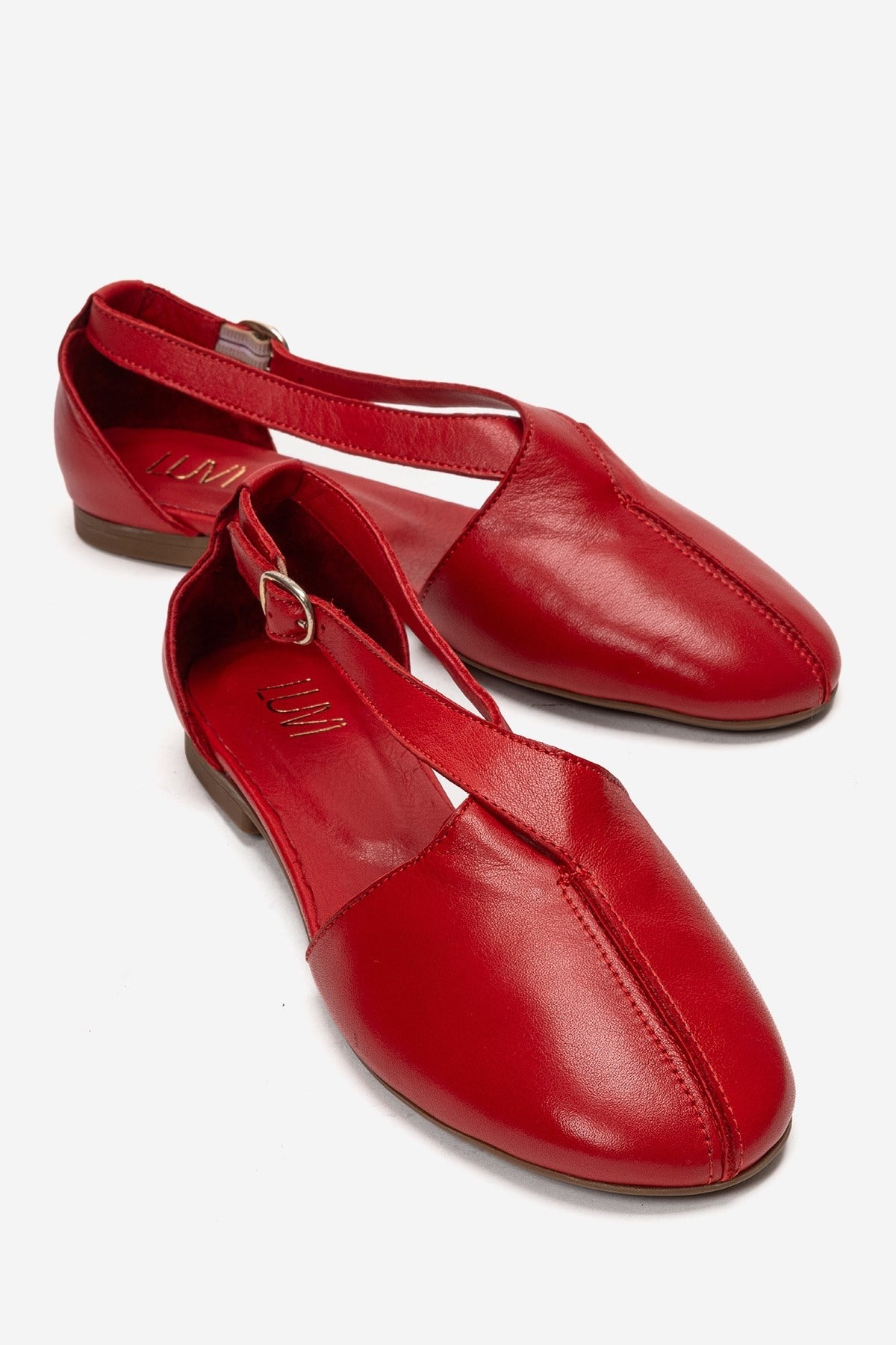 Fable - Red Genuine Leather Side-Cut Ballet Flat – front three-quarter view showing leather, red, Vowalisse